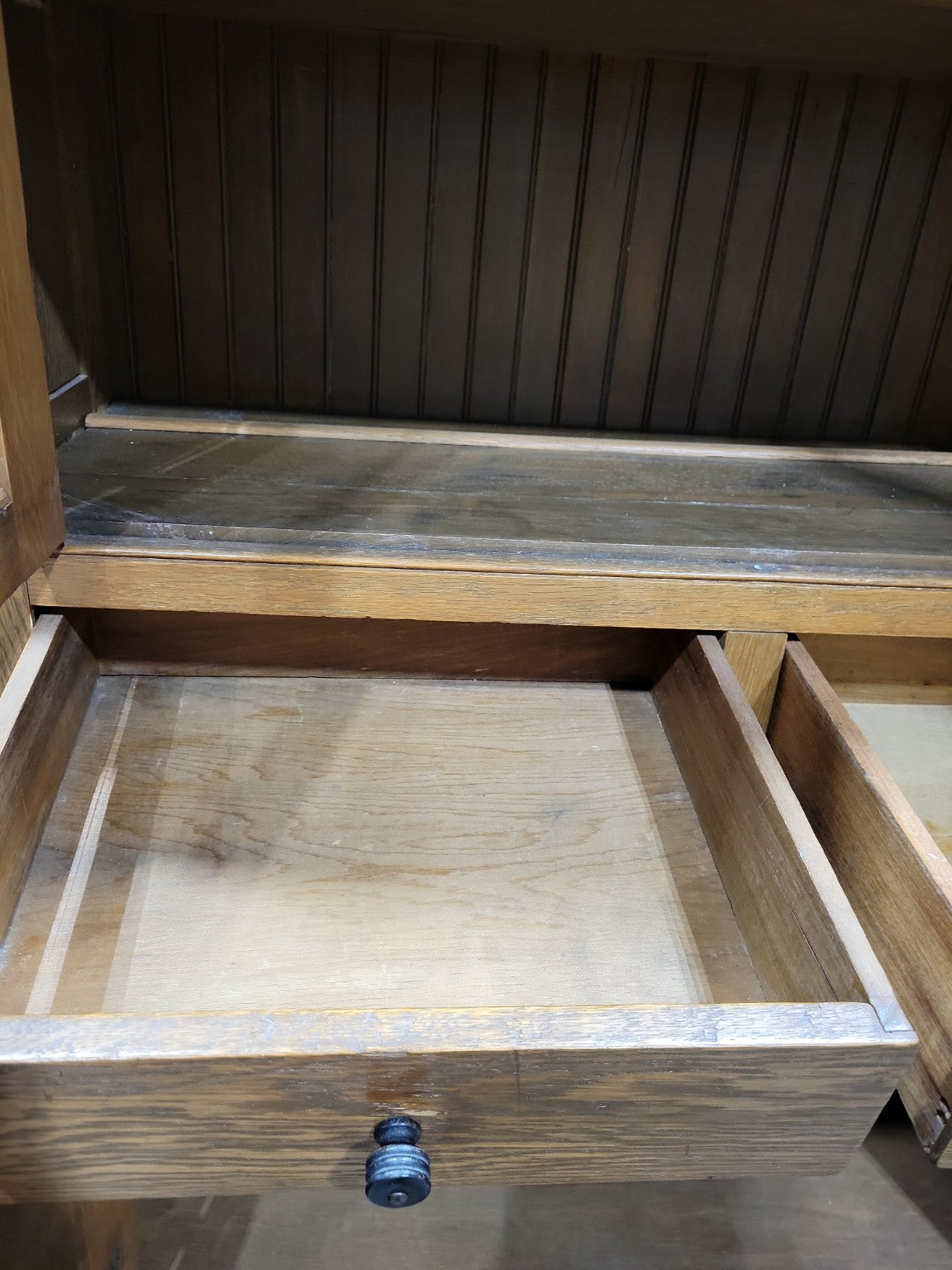 Antique Oak Two-Door Glass Display Cabinet – Beadboard Back