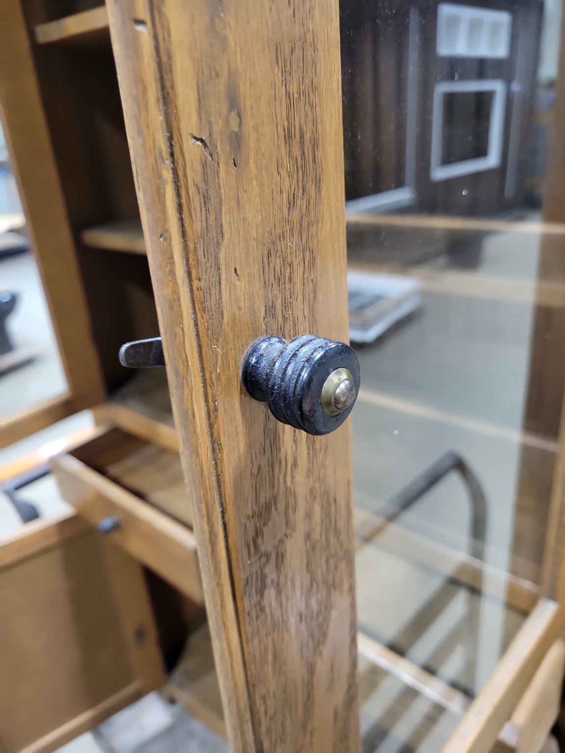 Antique Oak Two-Door Glass Display Cabinet – Beadboard Back