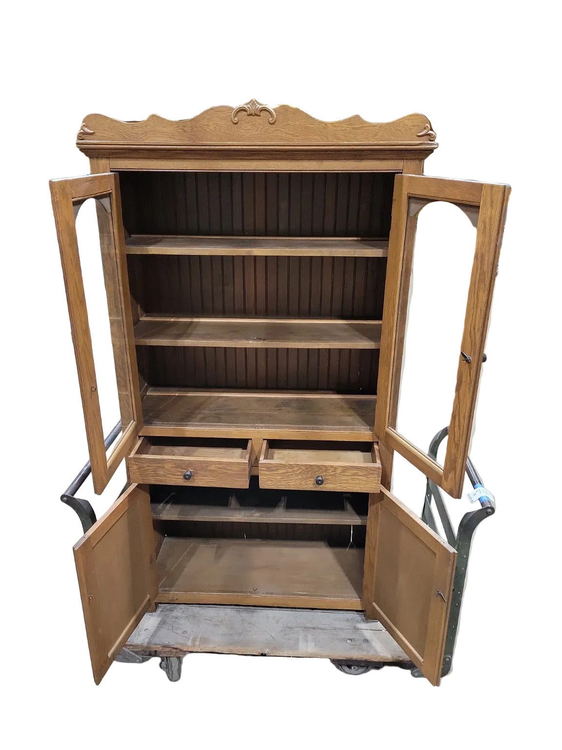Antique Oak Two-Door Glass Display Cabinet – Beadboard Back