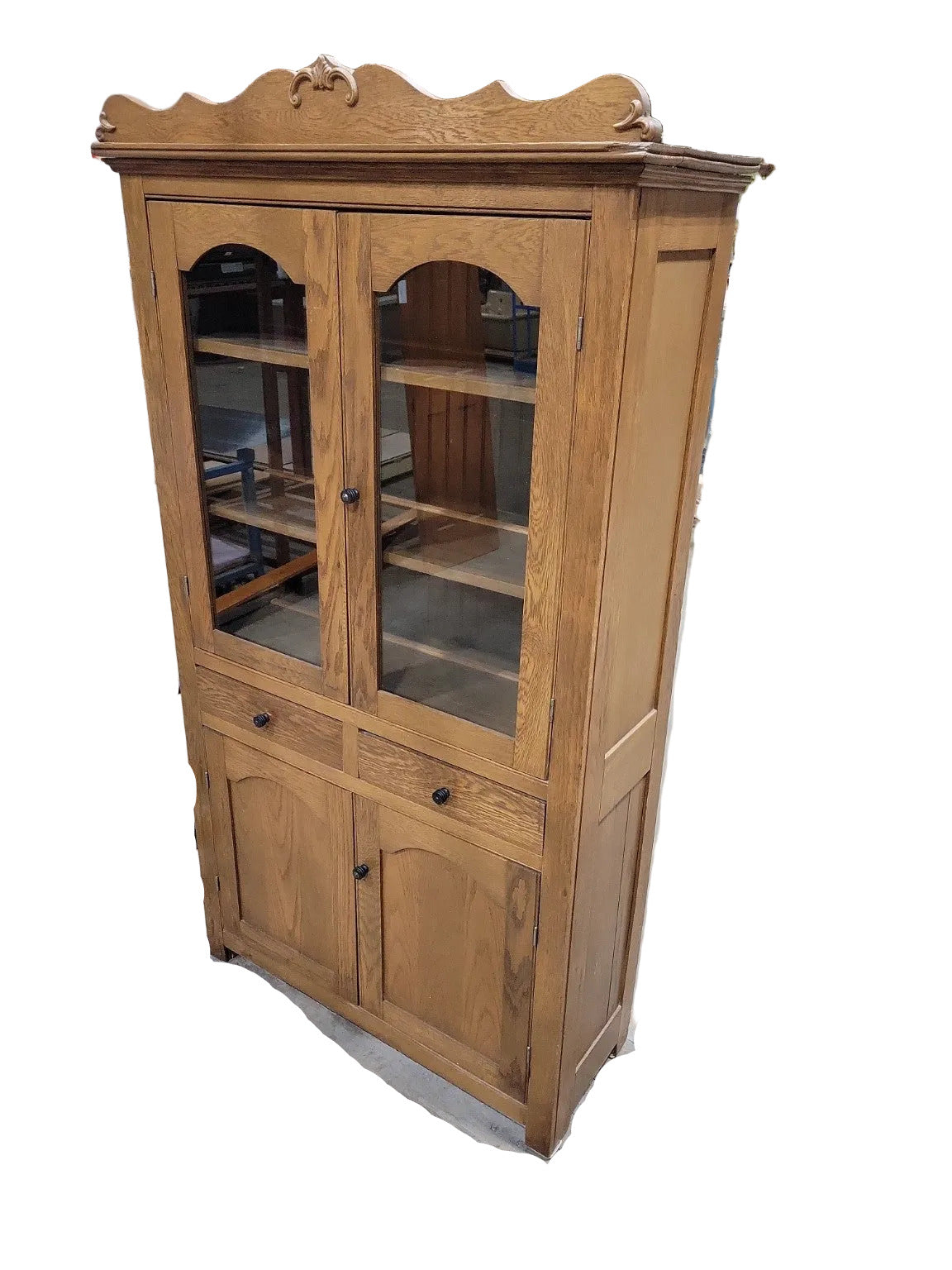 Antique Oak Two-Door Glass Display Cabinet – Beadboard Back