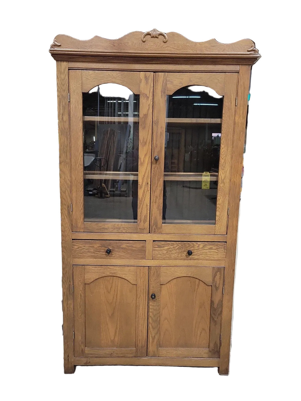 Antique Oak Two-Door Glass Display Cabinet – Beadboard Back