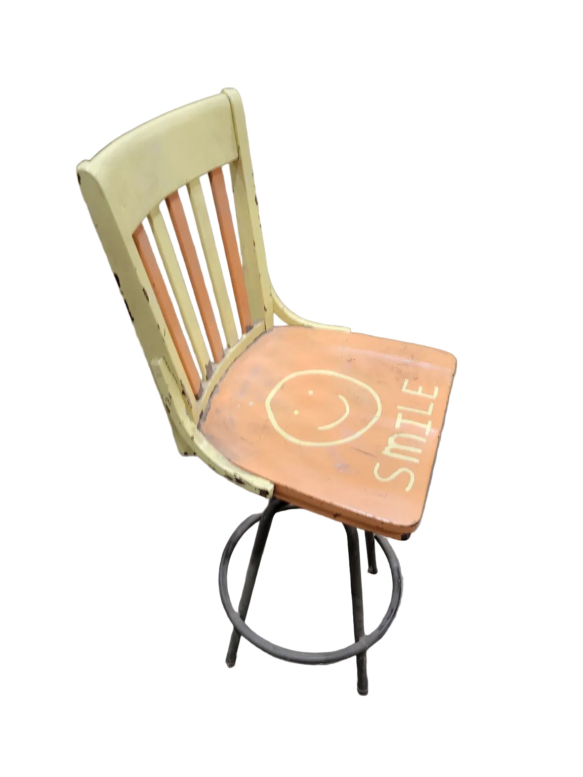 Vintage Hand-Painted Swivel Drafting Stool – “Smile” Seat