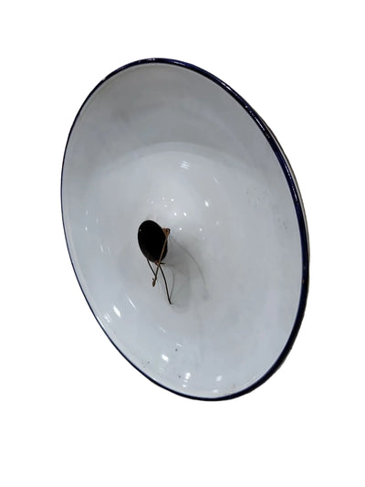 Vintage White Enamel Industrial Light Shade – Blue Rim