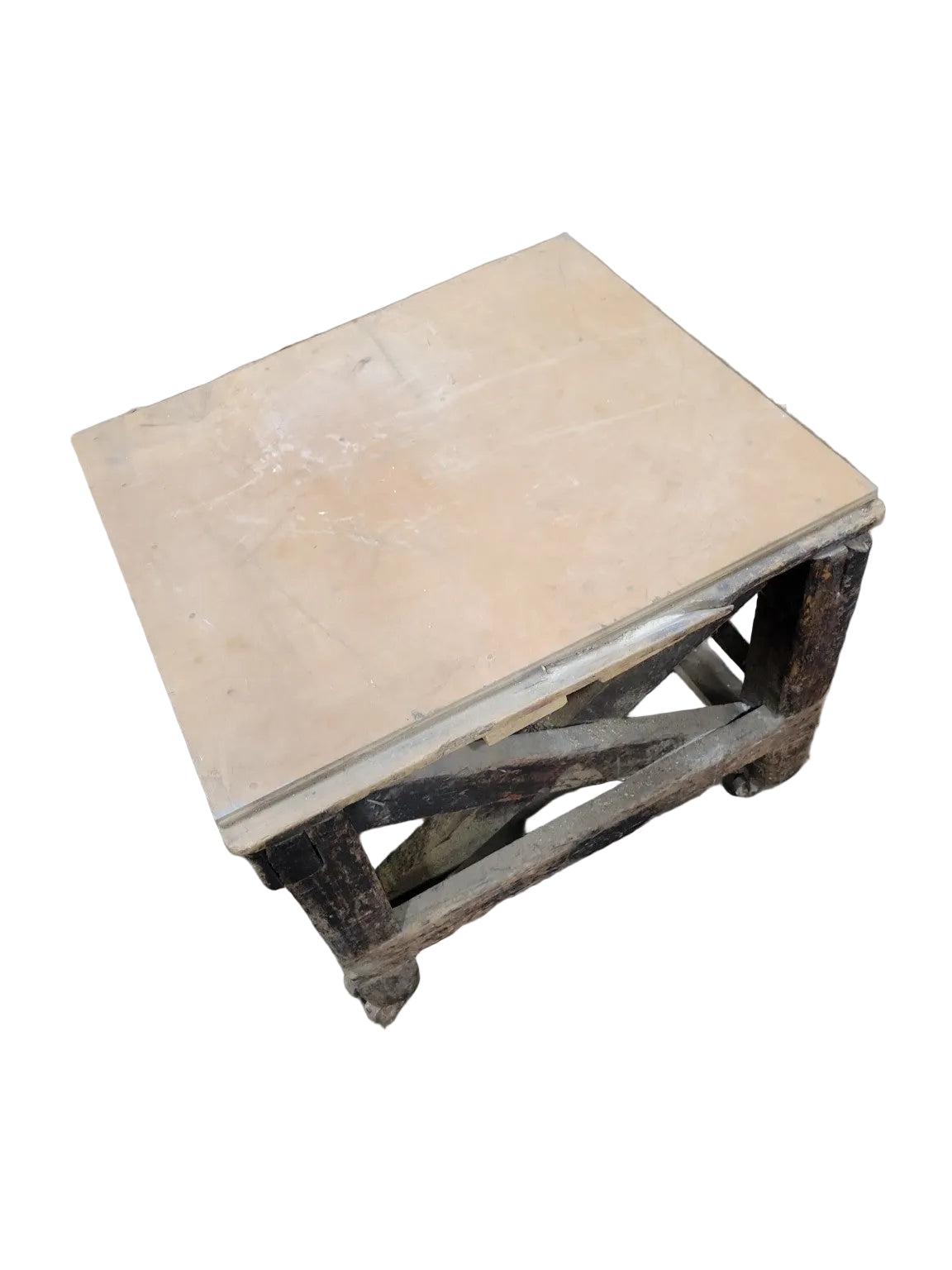Antique Industrial Wooden Factory Cart Table with Cast Iron Casters