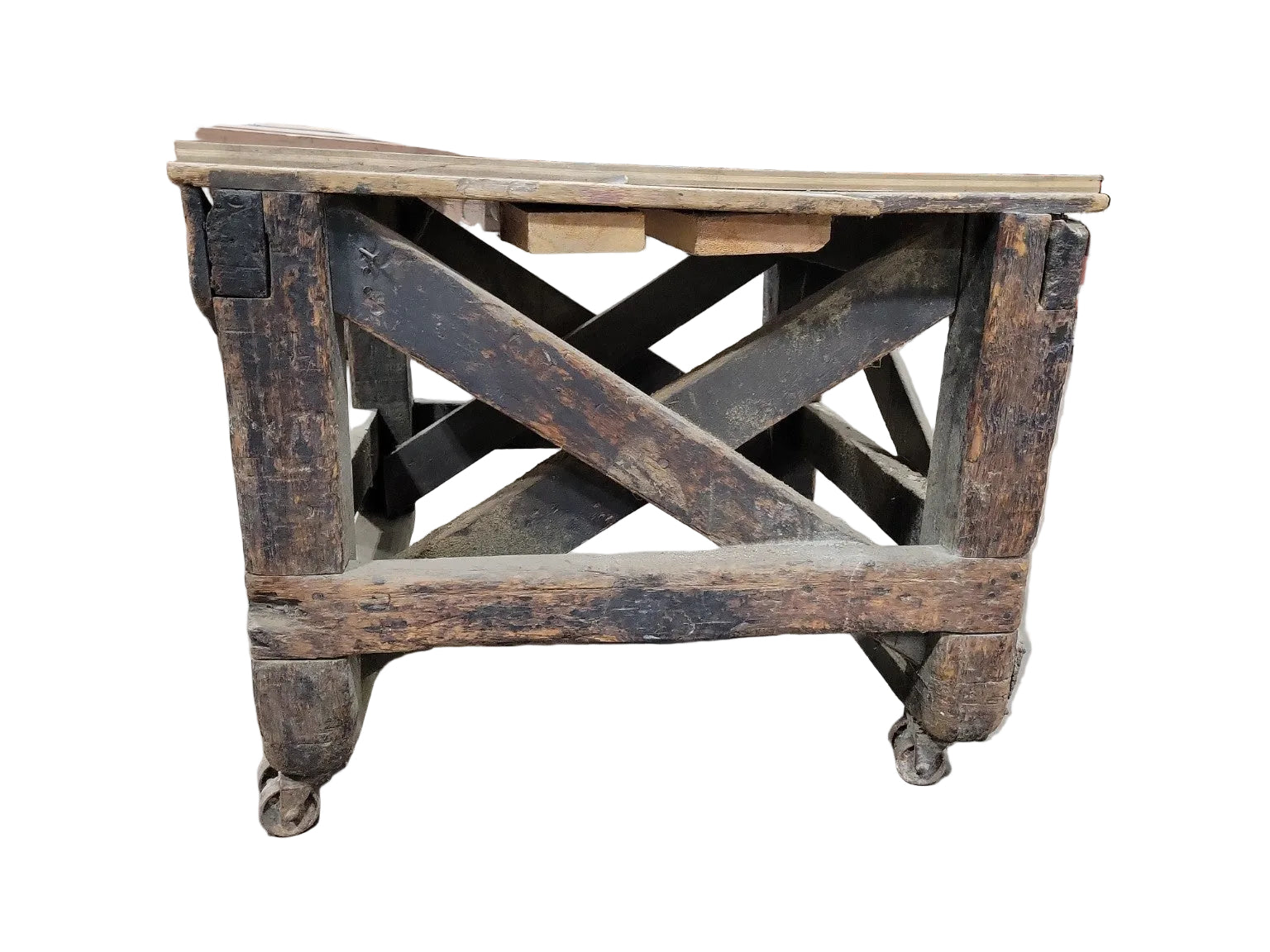 Antique Industrial Wooden Factory Cart Table with Cast Iron Casters