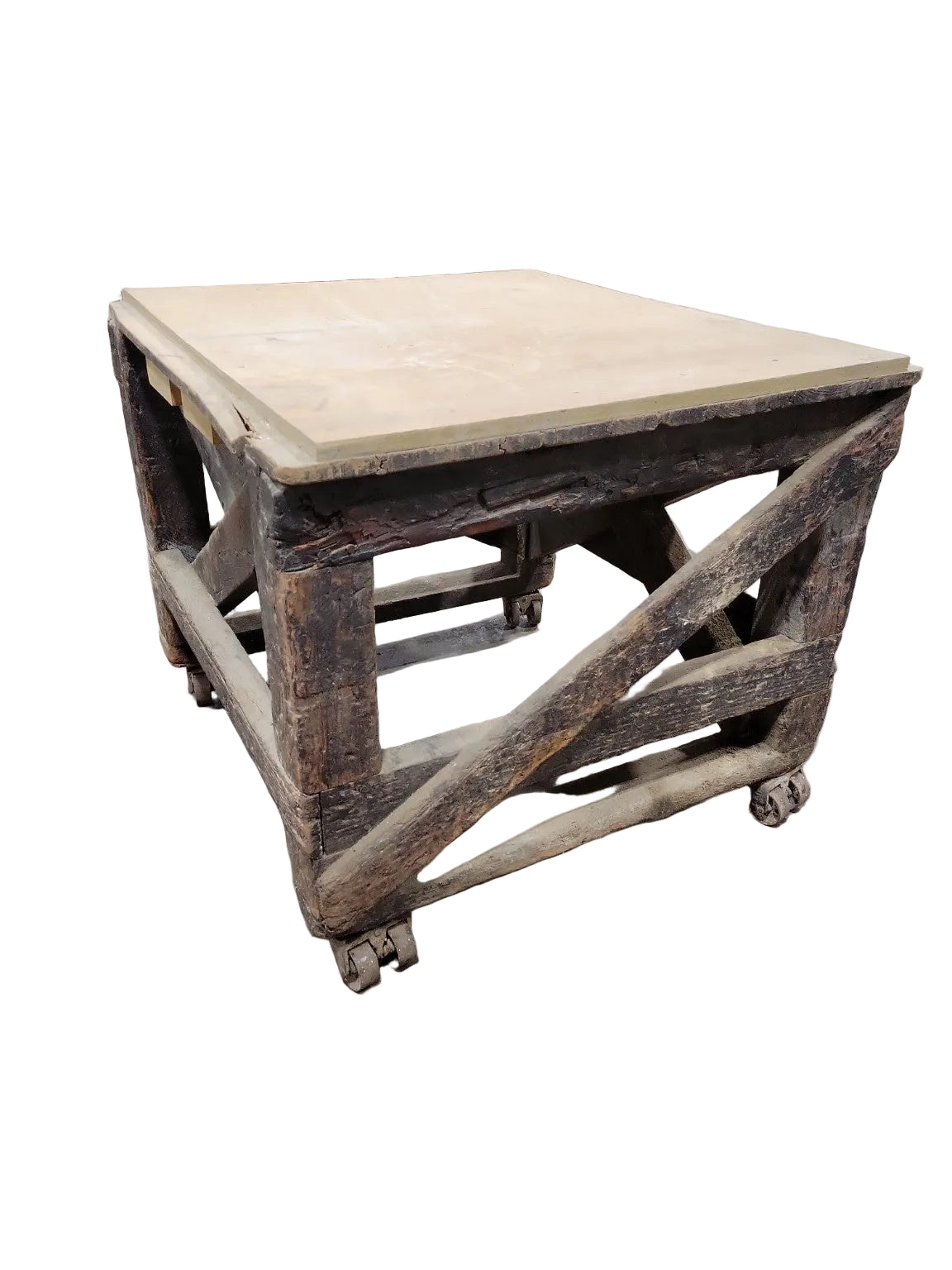Antique Industrial Wooden Factory Cart Table with Cast Iron Casters