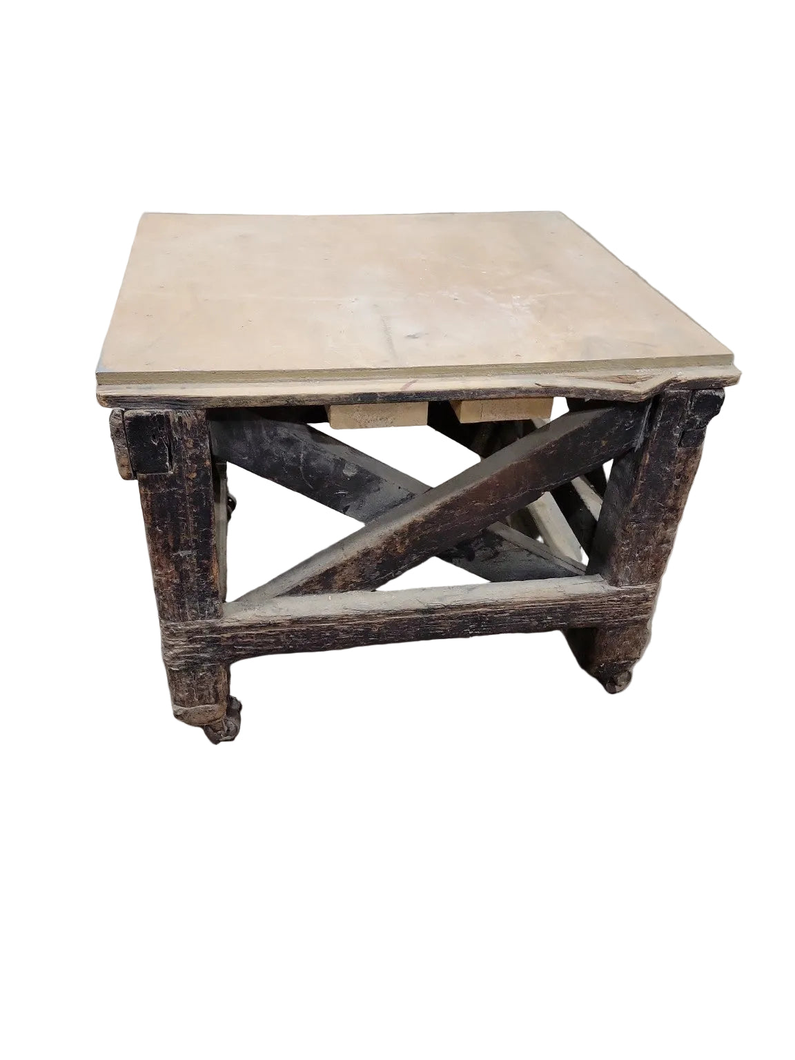 Antique Industrial Wooden Factory Cart Table with Cast Iron Casters