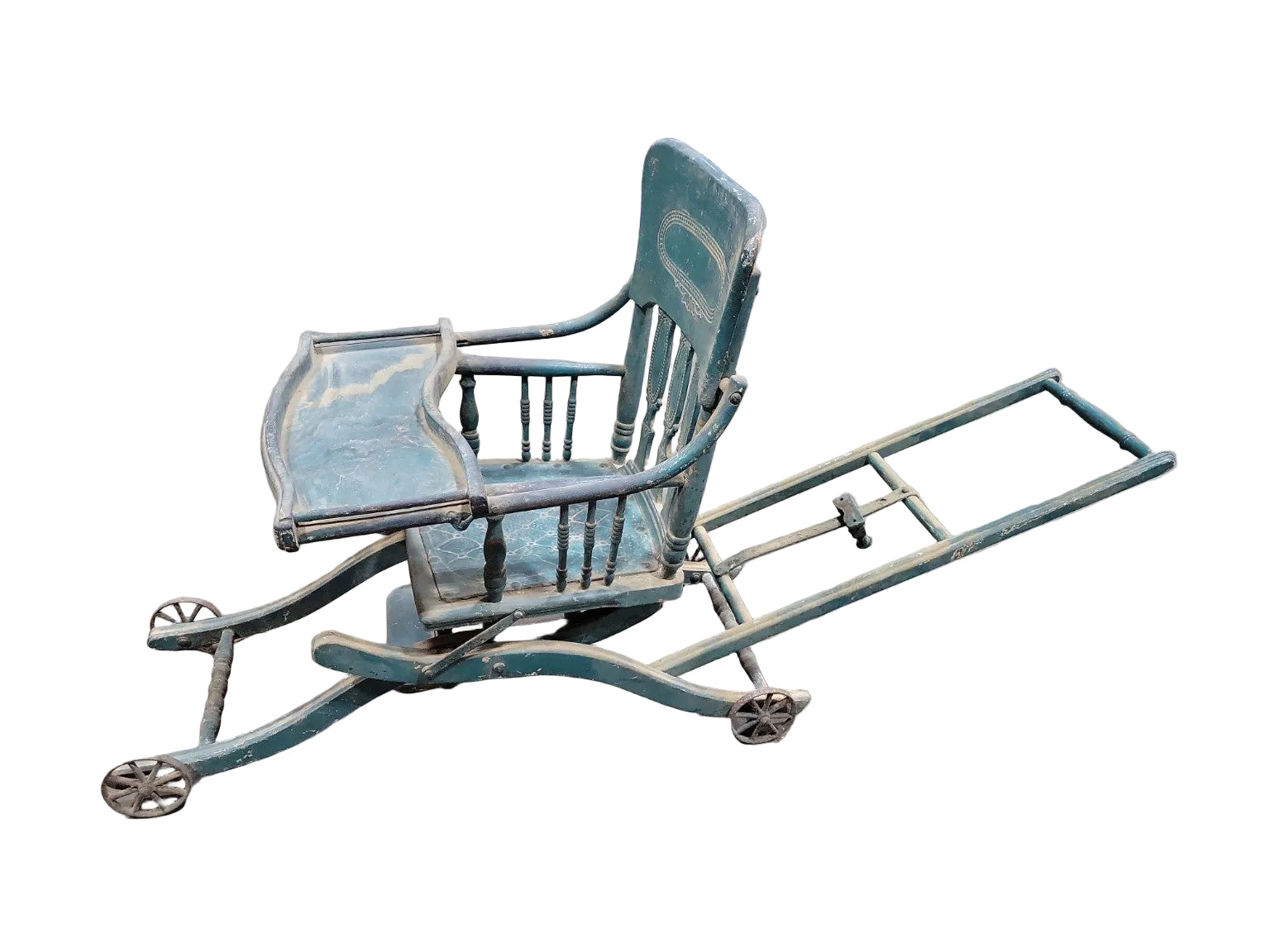 Antique Wooden Folding Baby High Chair  Stroller Combination