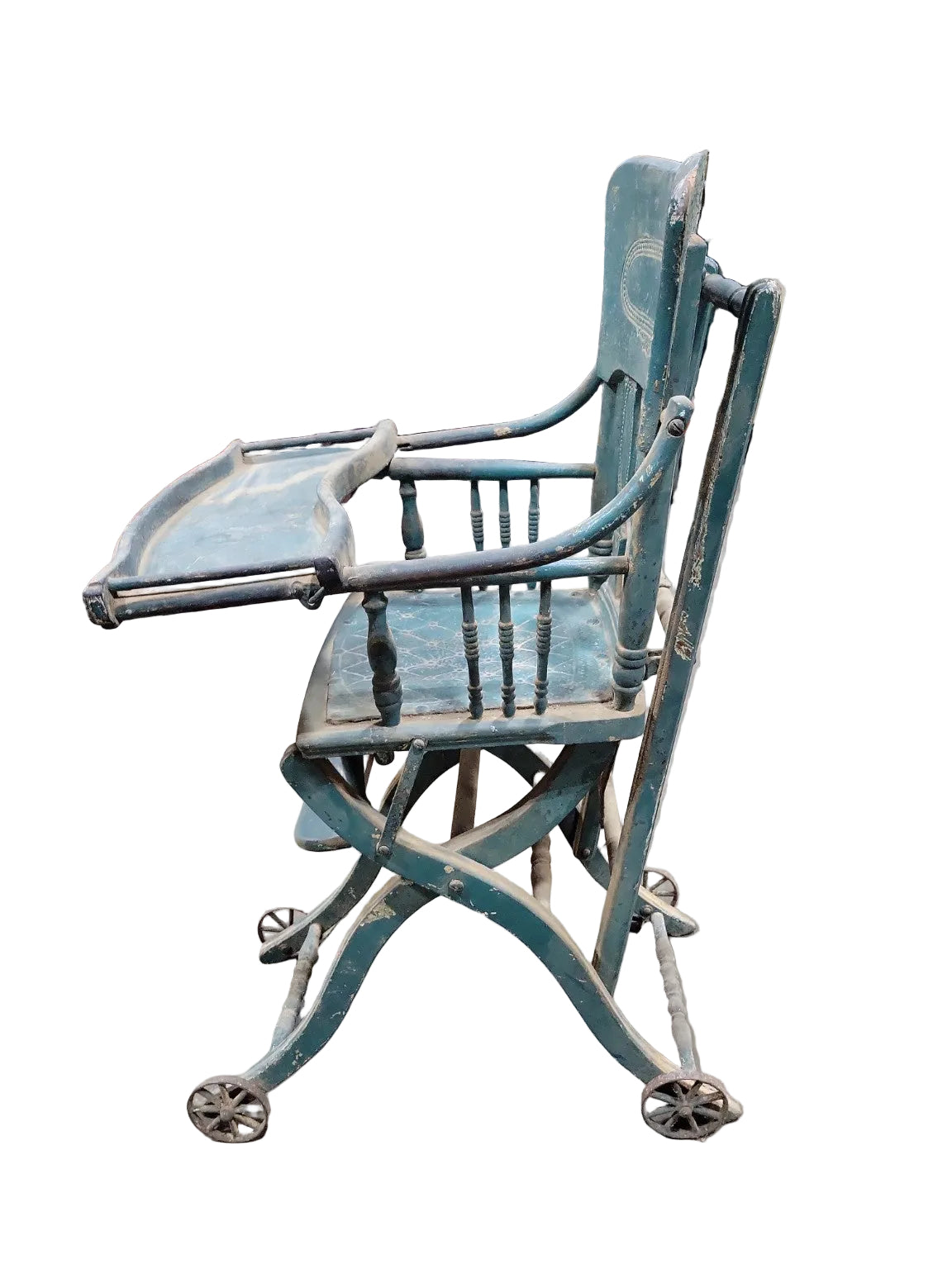 Antique Wooden Folding Baby High Chair  Stroller Combination