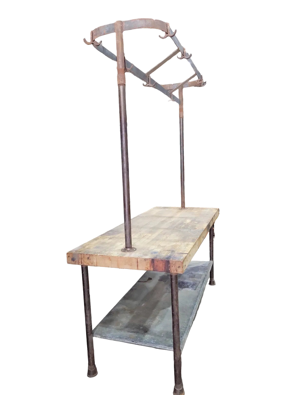 Vintage Industrial Maple Butcher Block Kitchen Island with Pot Rack