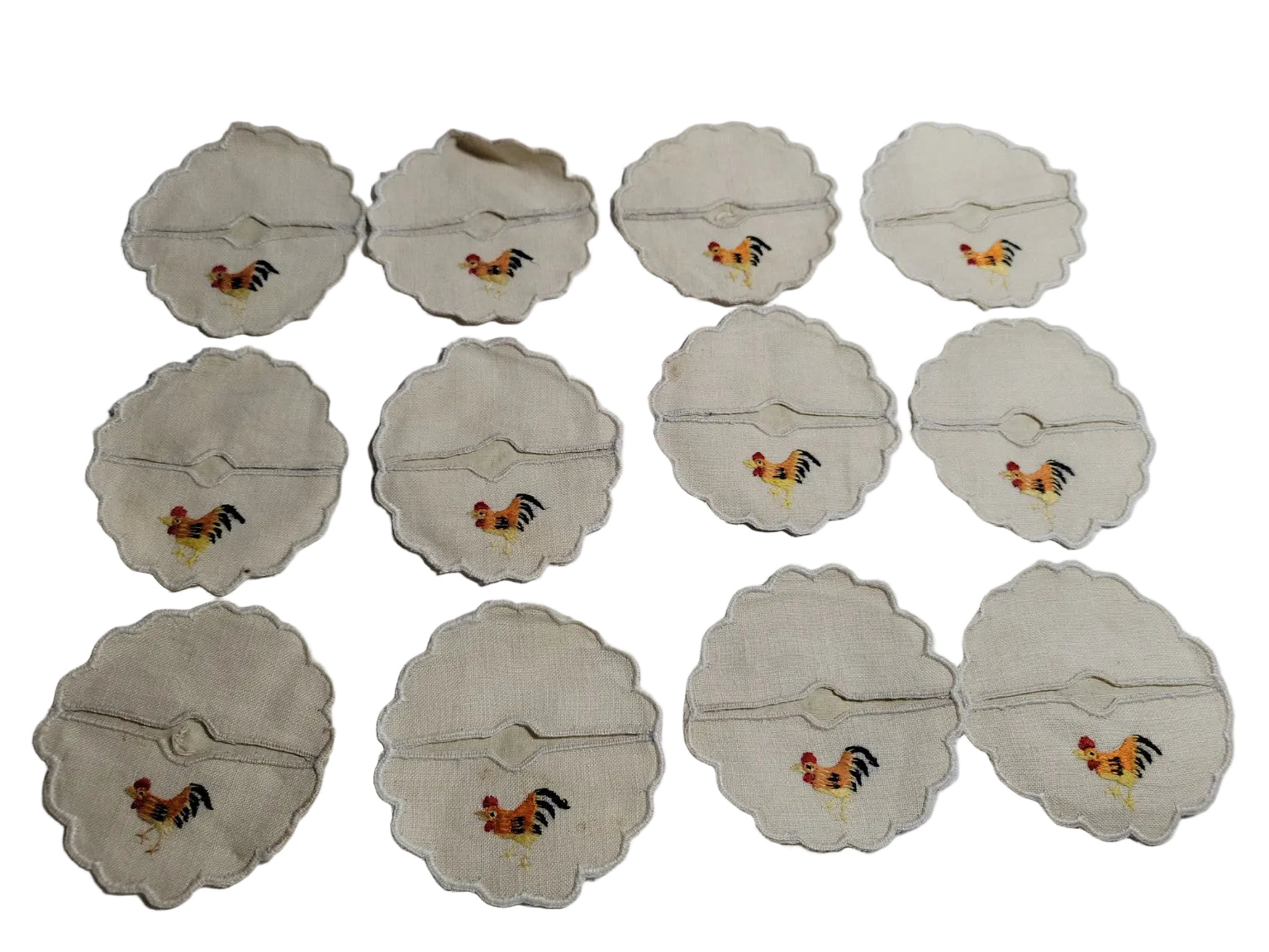 Vintage Rooster Embroidered Linen Wine Glass Coasters – Set of 12