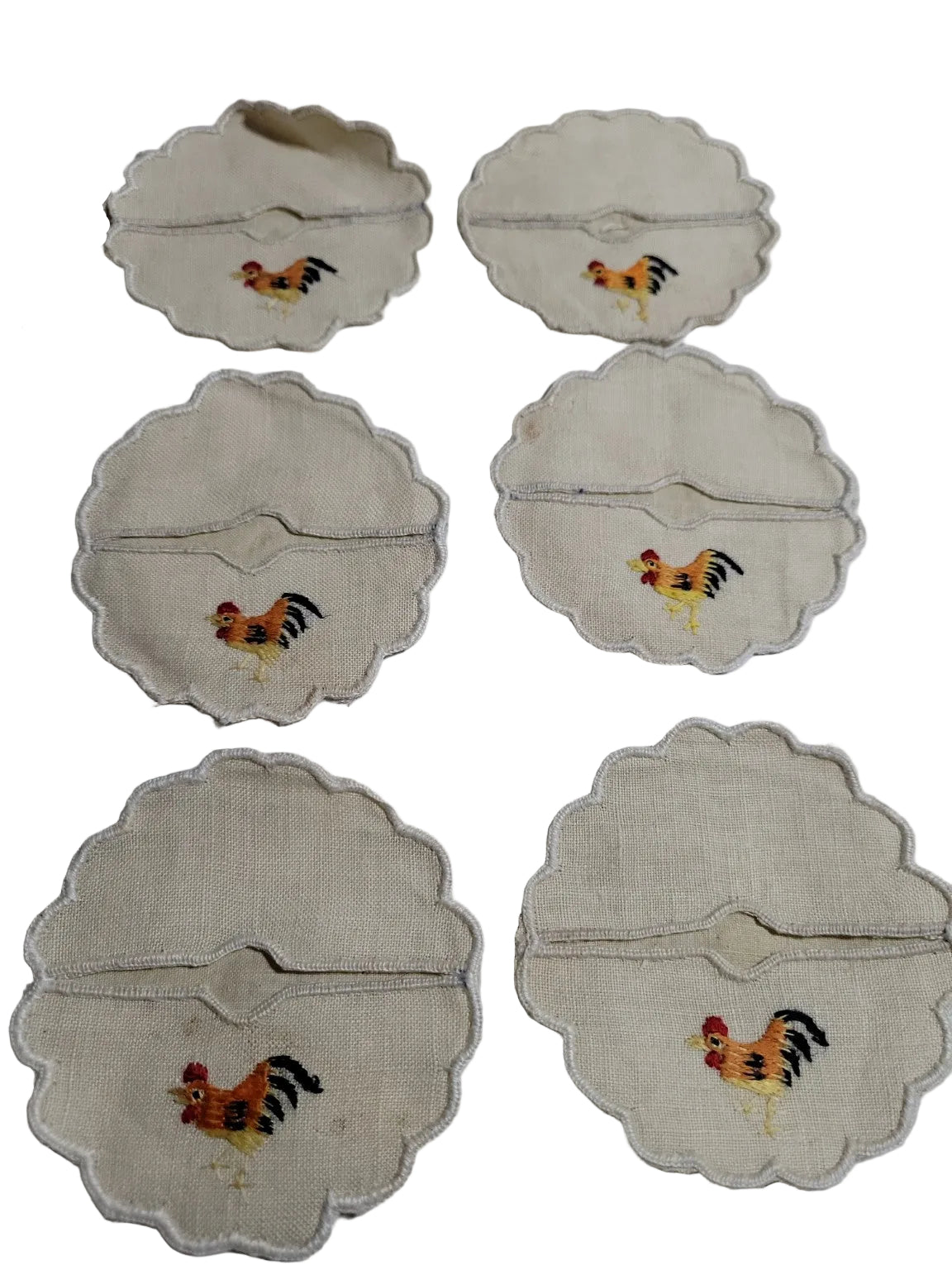 Vintage Rooster Embroidered Linen Wine Glass Coasters – Set of 12