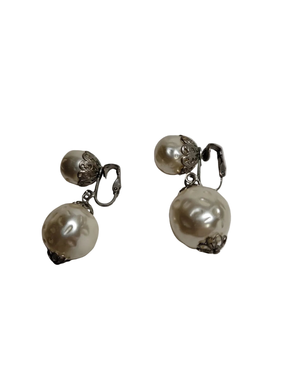 Vintage Faux Pearl Drop Clip-On Earrings – Double Bead Dangle