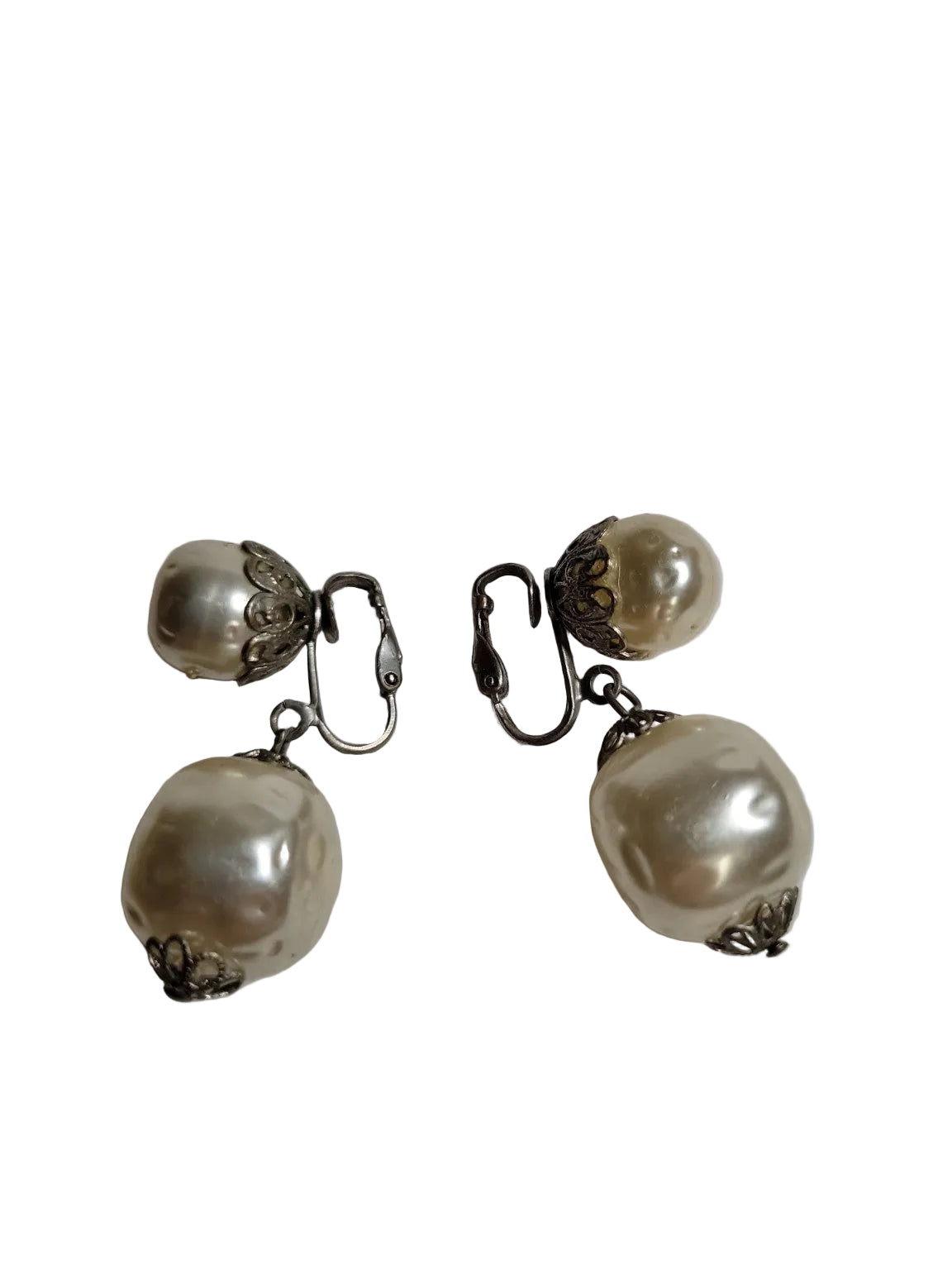 Vintage Faux Pearl Drop Clip-On Earrings – Double Bead Dangle