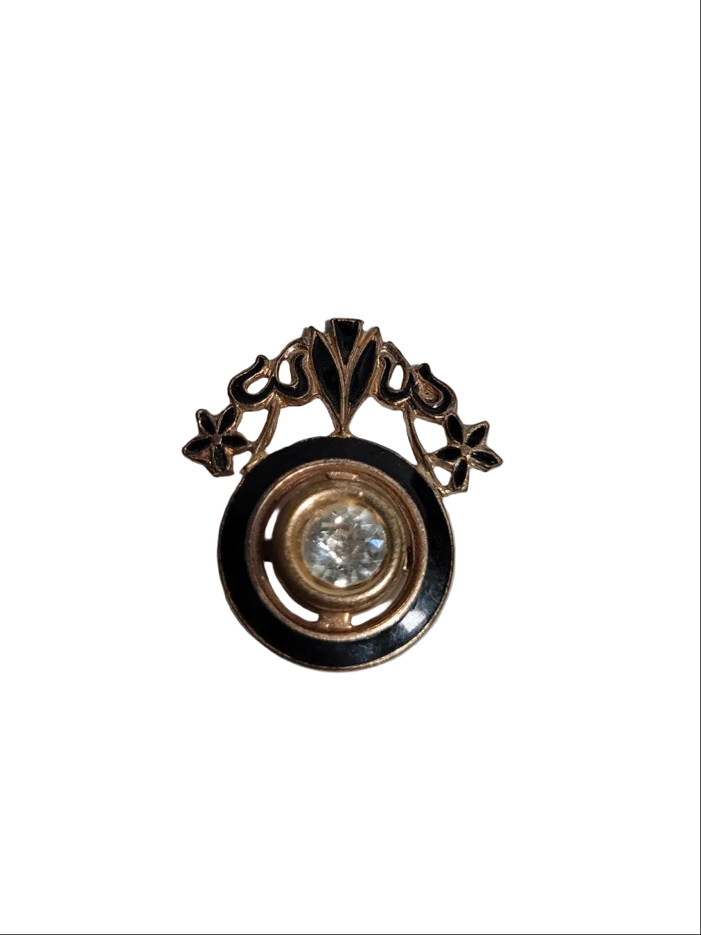 Vintage Art Deco Rhinestone Brooch – Black Enamel Floral Pin