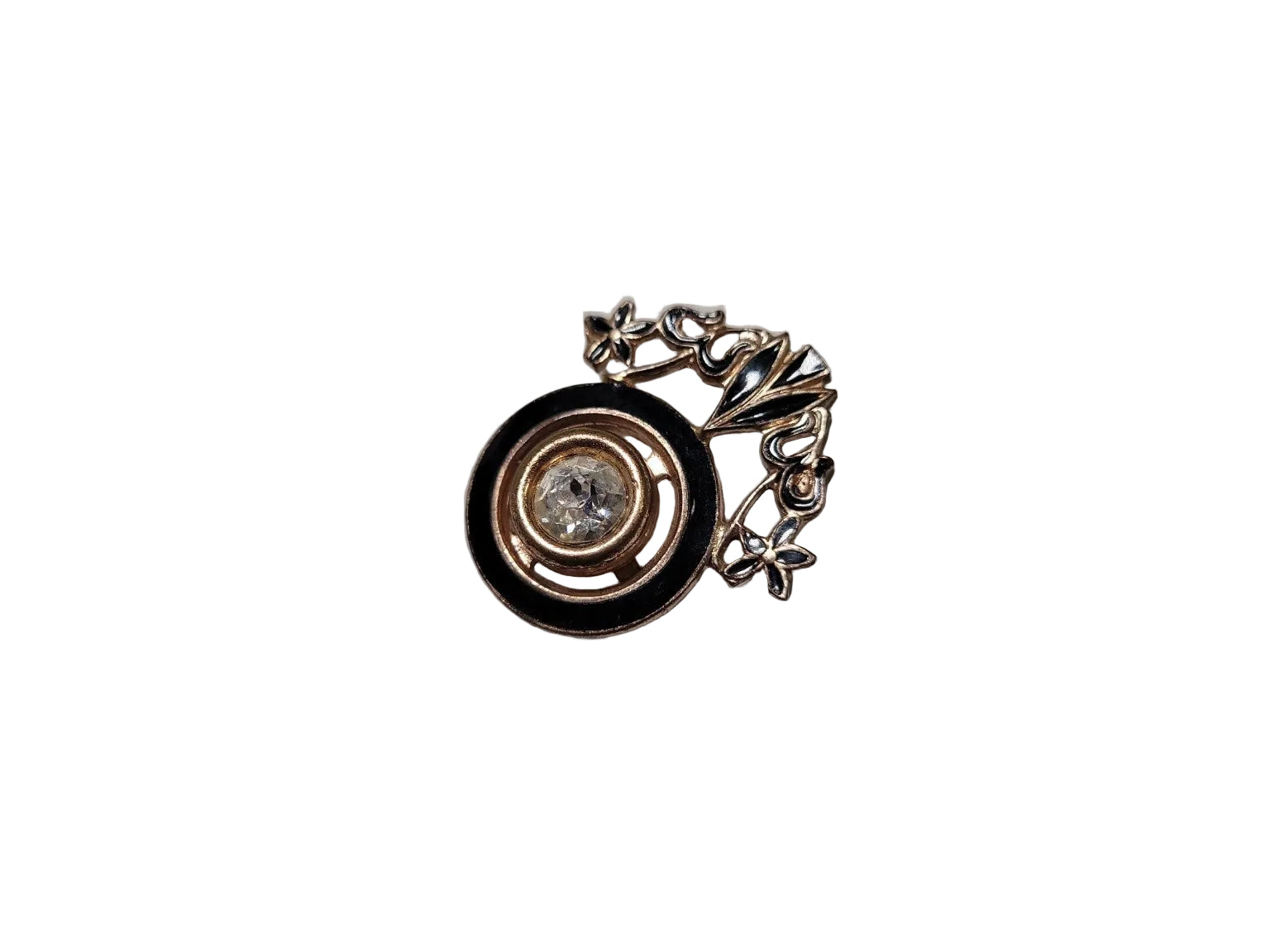 Vintage Art Deco Rhinestone Brooch – Black Enamel Floral Pin