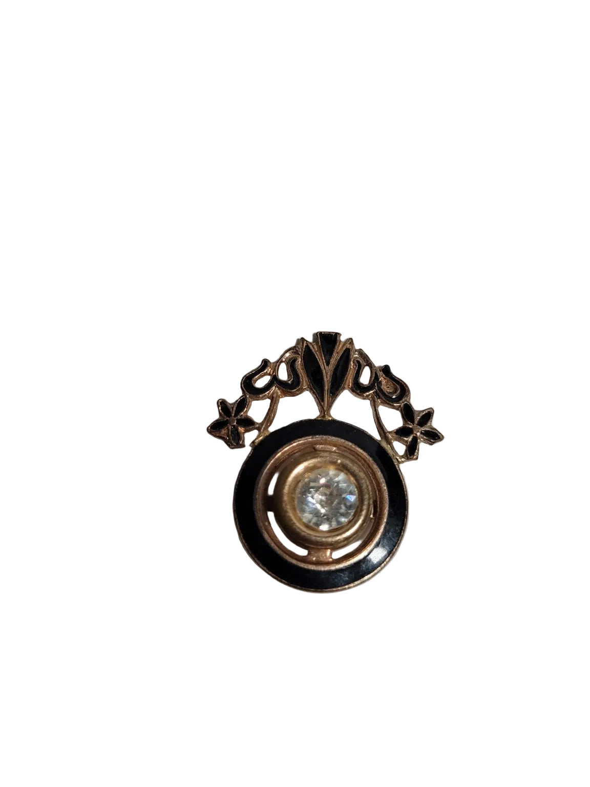 Vintage Art Deco Rhinestone Brooch – Black Enamel Floral Pin