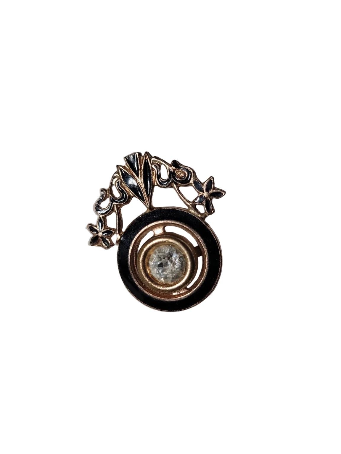 Vintage Art Deco Rhinestone Brooch – Black Enamel Floral Pin