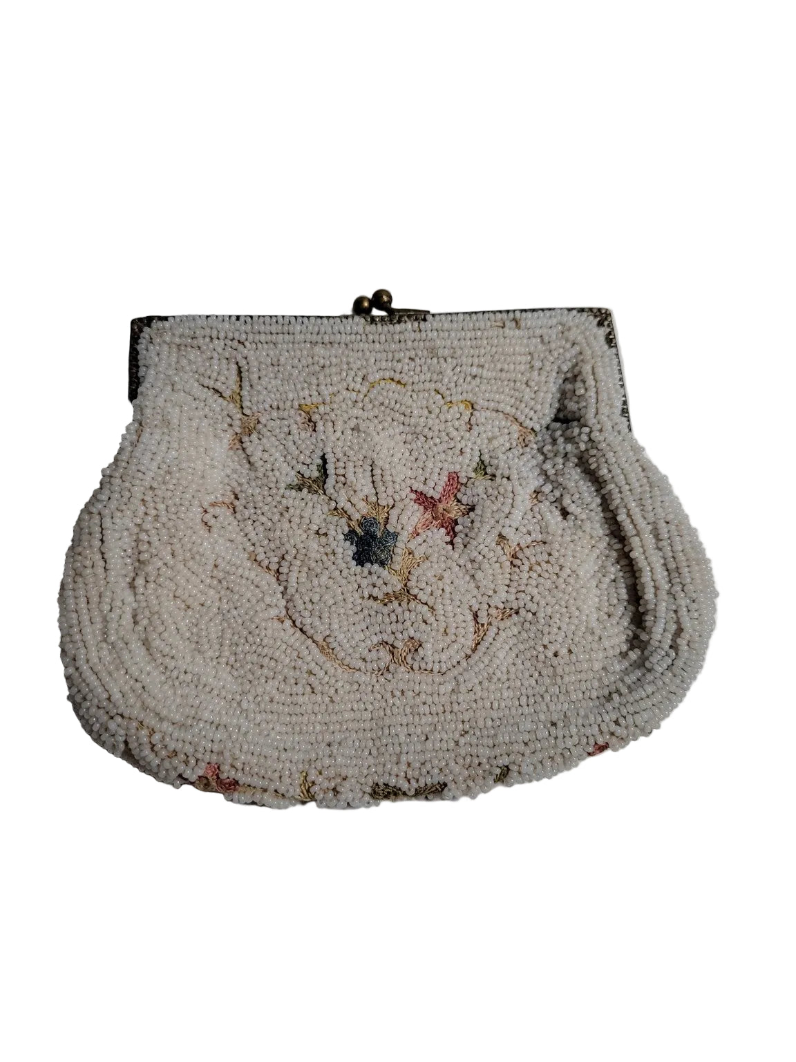 Vintage White Beaded Clutch Purse – Floral Needlework Design