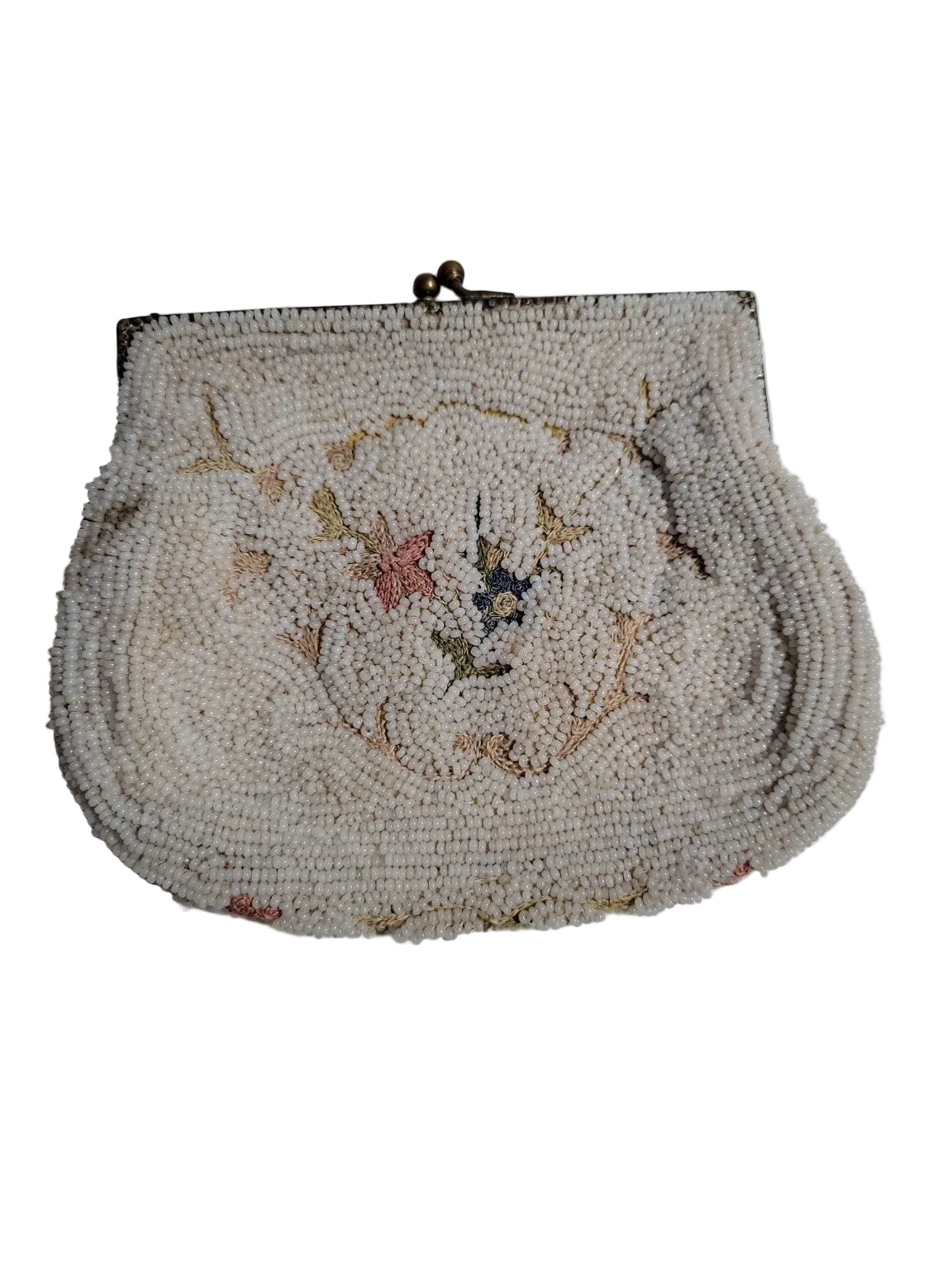 Vintage White Beaded Clutch Purse – Floral Needlework Design