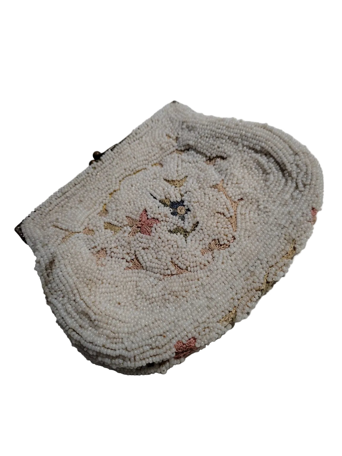 Vintage White Beaded Clutch Purse – Floral Needlework Design