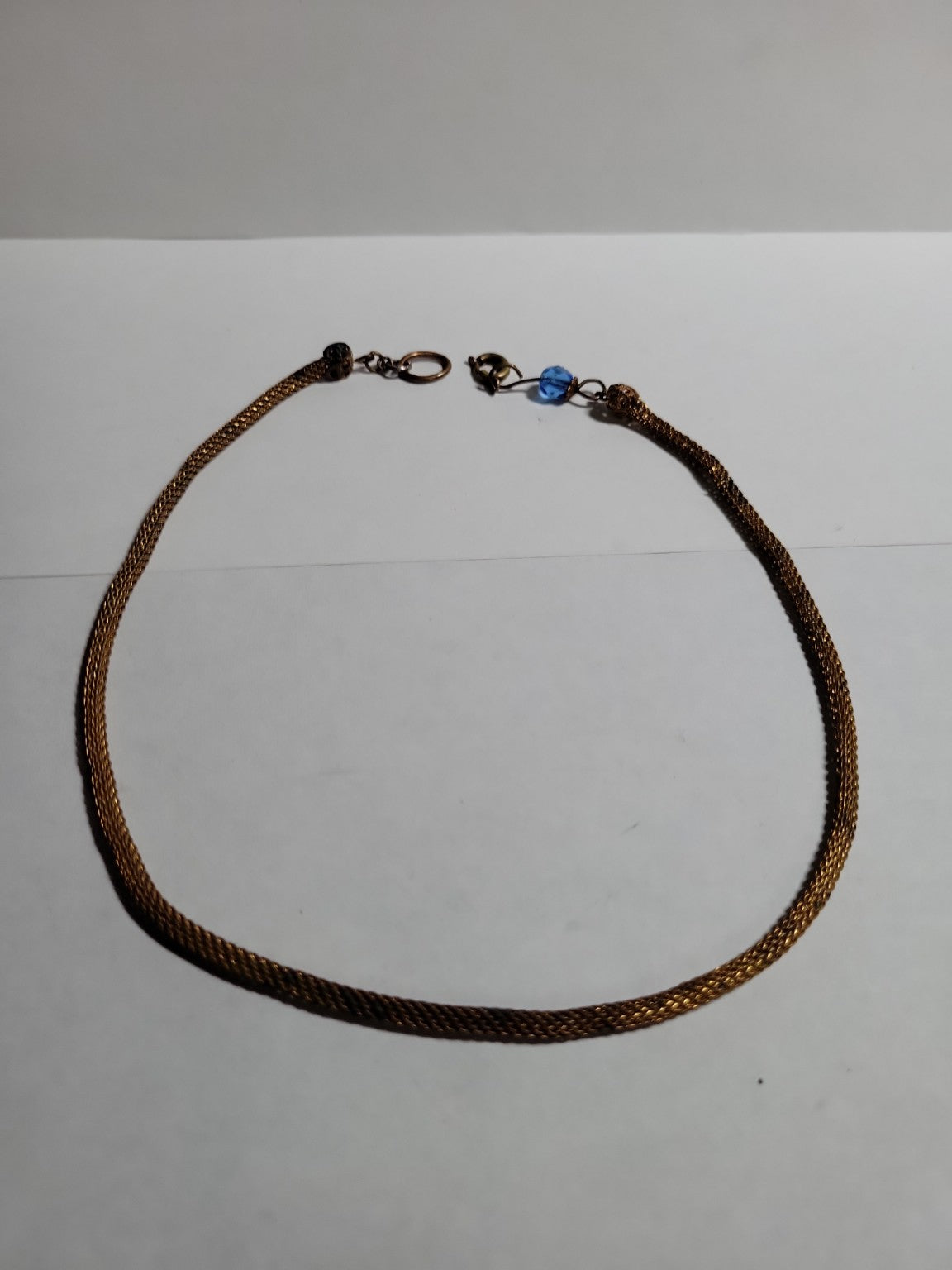 Vintage Gold-Tone Mesh Chain Necklace with Blue Bead Clasp Accent