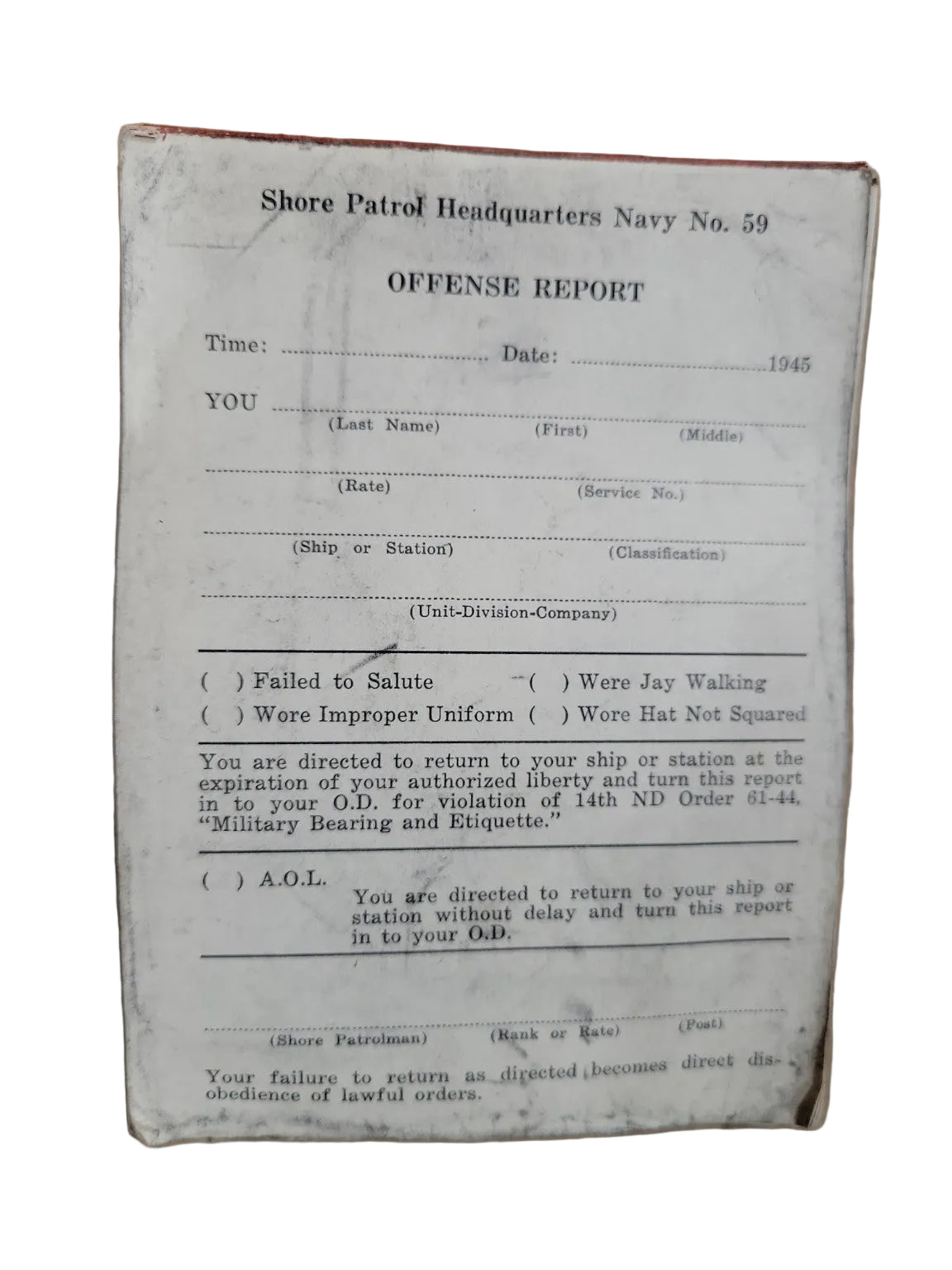 Vintage WWII U.S. Navy Shore Patrol Canvas Ticket Pouch with Offense Slips