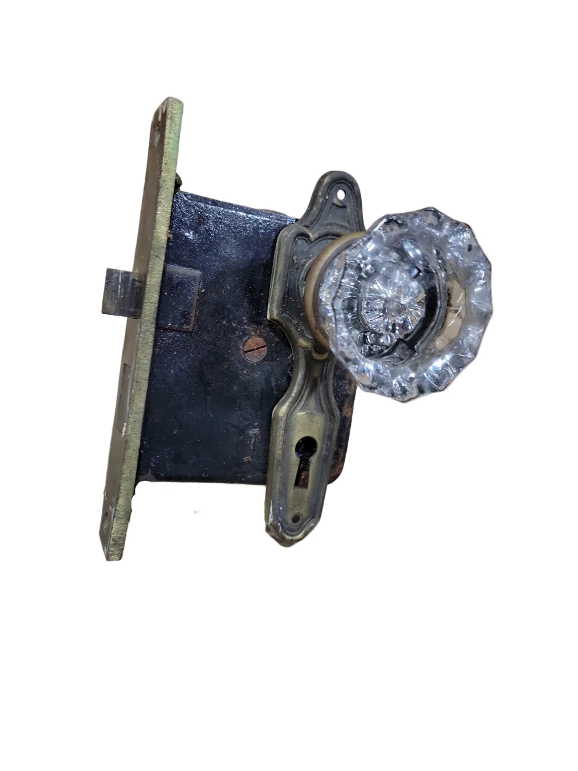 Antique Mortise Lock Set with Glass & Brass Door Knobs