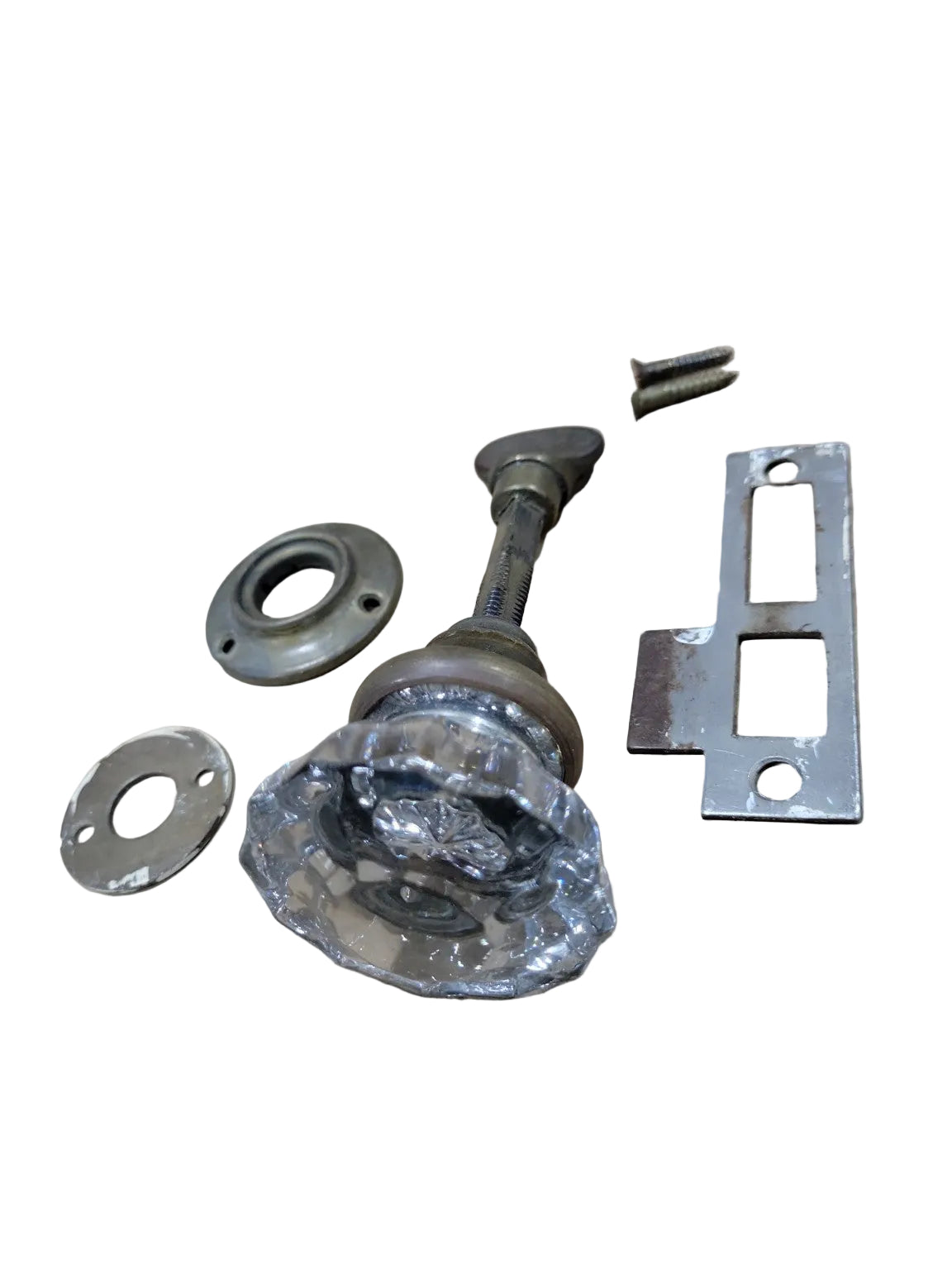 Vintage Glass Door Knob Set with Spindle & Strike Plate