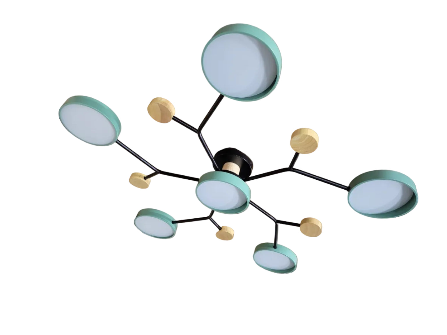 Modern LED Sputnik Ceiling Light – Green & Wood 6-Light Fixture