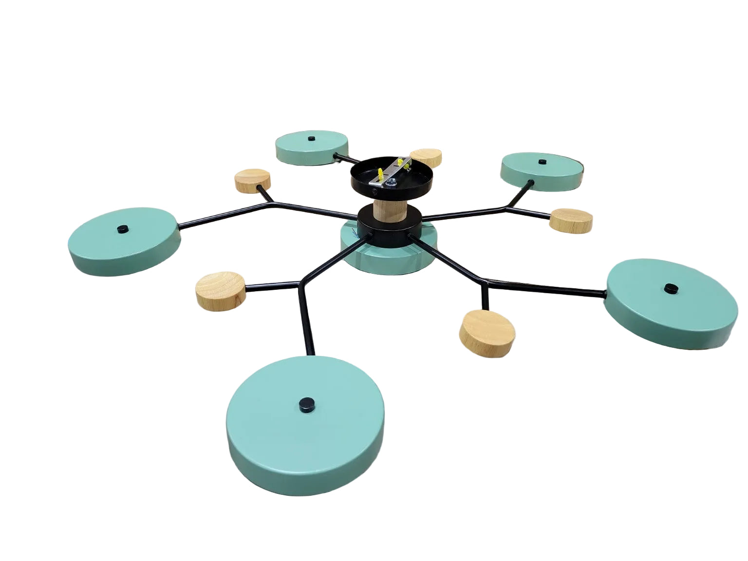 Modern LED Sputnik Ceiling Light – Green & Wood 6-Light Fixture