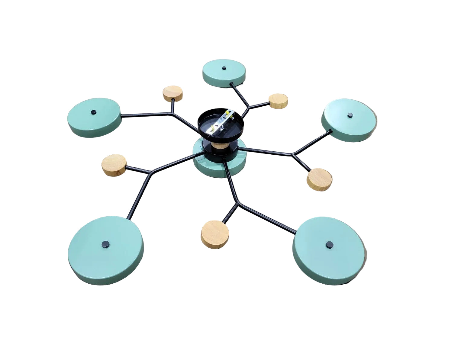 Modern LED Sputnik Ceiling Light – Green & Wood 6-Light Fixture