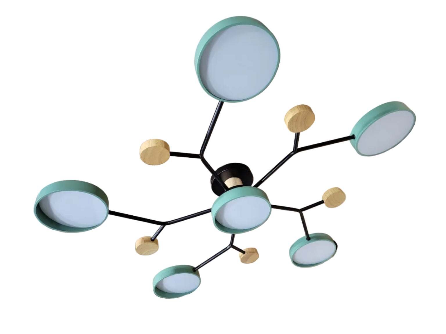 Modern LED Sputnik Ceiling Light – Green & Wood 6-Light Fixture