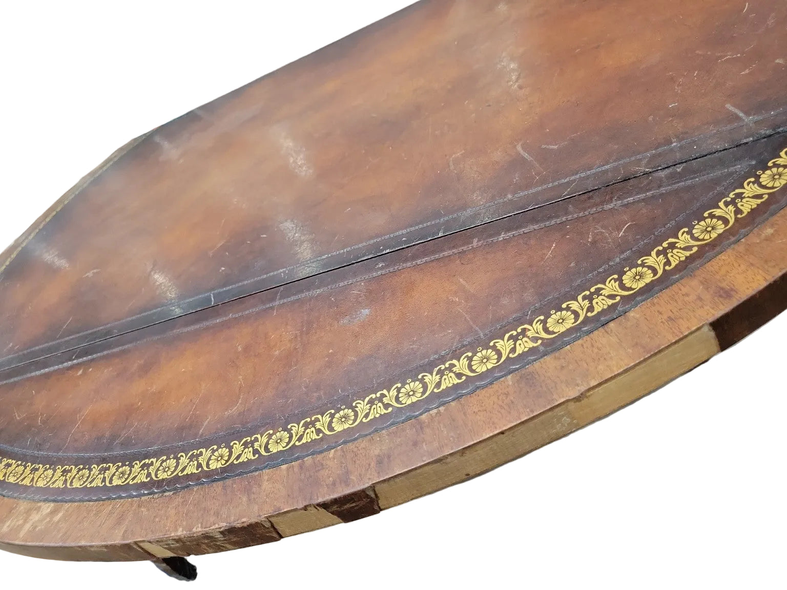 Antique Heirloom Weimar Leather Top Oval Coffee Table