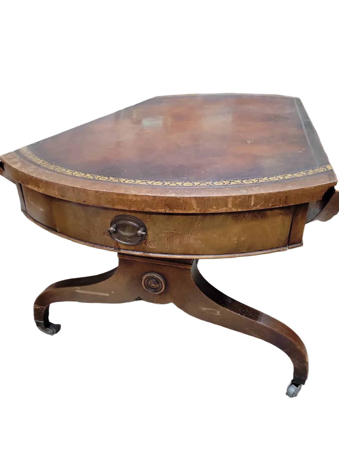 Antique Heirloom Weimar Leather Top Oval Coffee Table