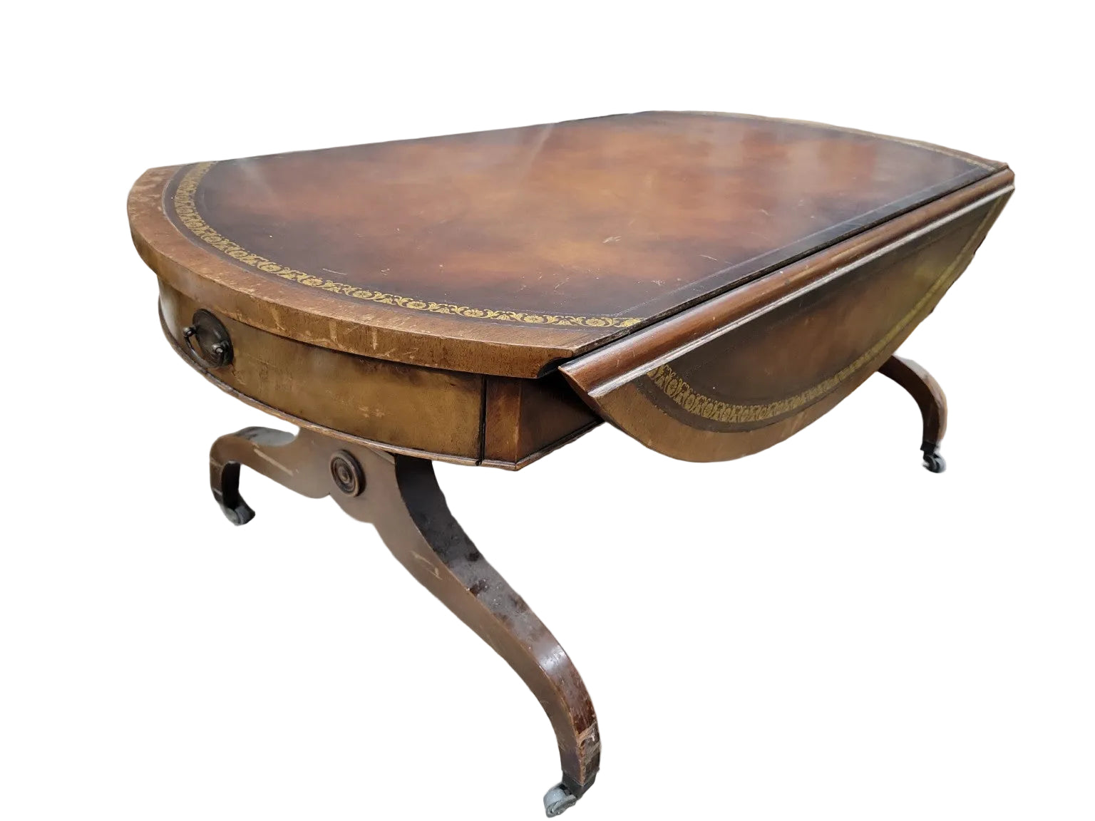 Antique Heirloom Weimar Leather Top Oval Coffee Table