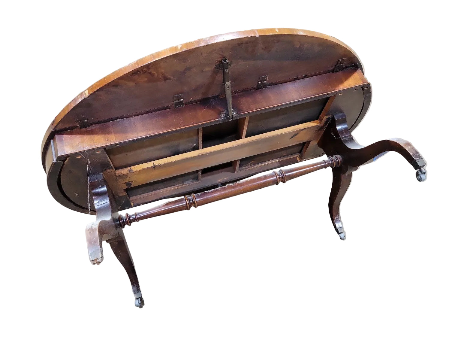 Antique Heirloom Weimar Leather Top Oval Coffee Table