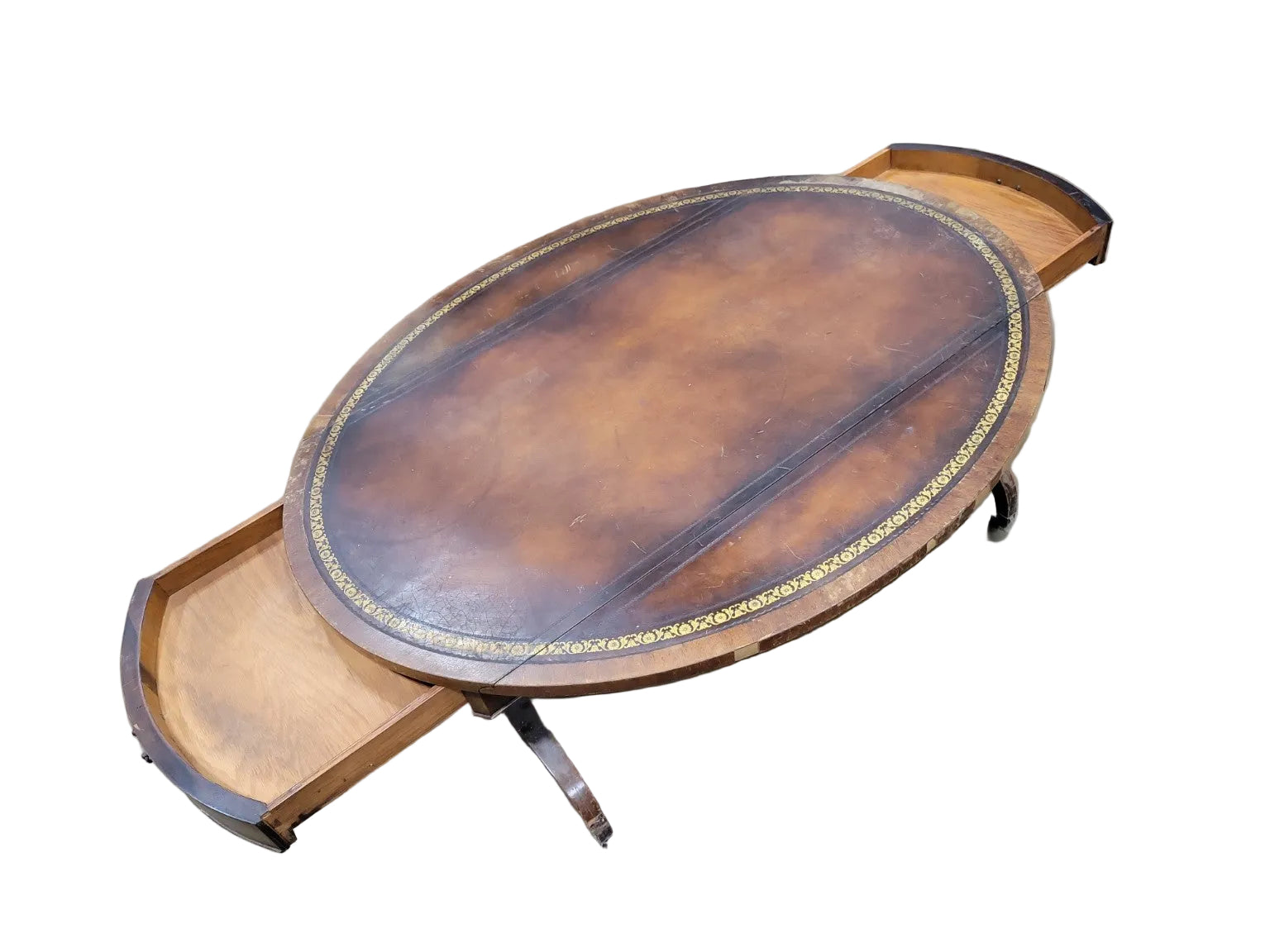 Antique Heirloom Weimar Leather Top Oval Coffee Table