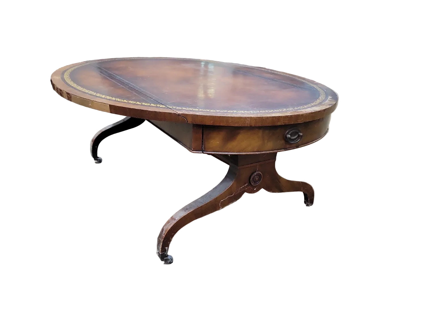 Antique Heirloom Weimar Leather Top Oval Coffee Table