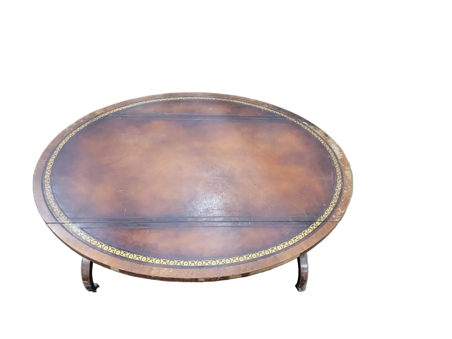 Antique Heirloom Weimar Leather Top Oval Coffee Table