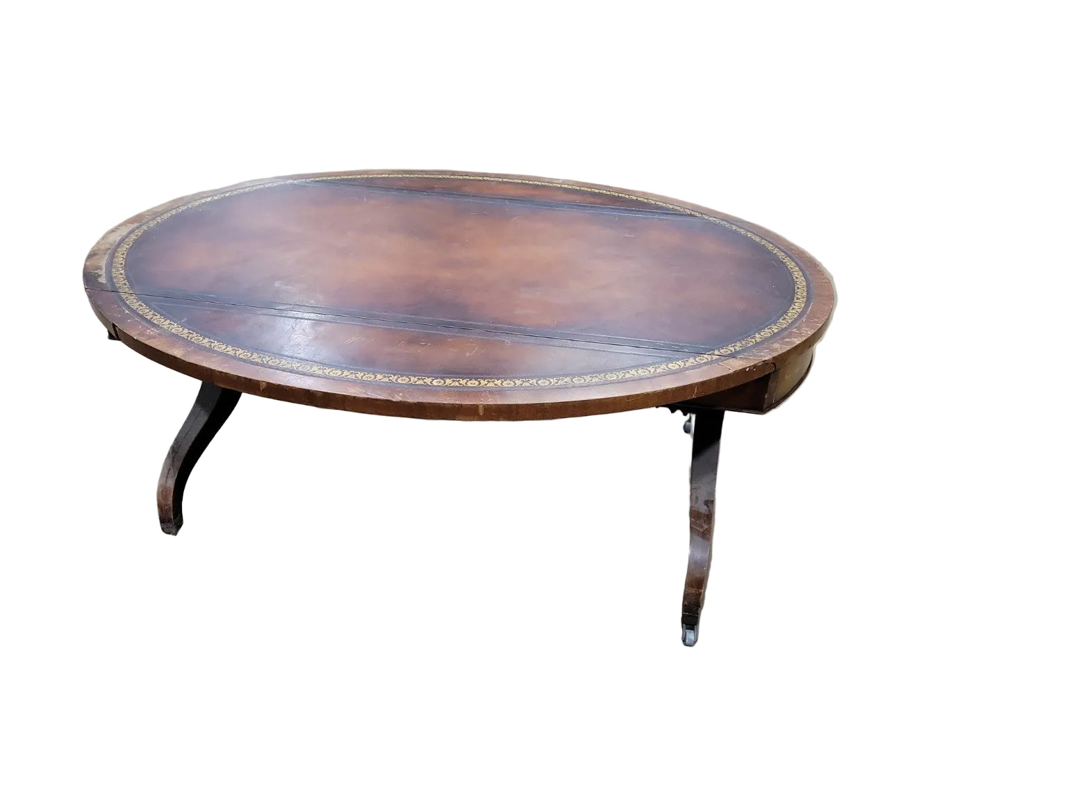 Antique Heirloom Weimar Leather Top Oval Coffee Table