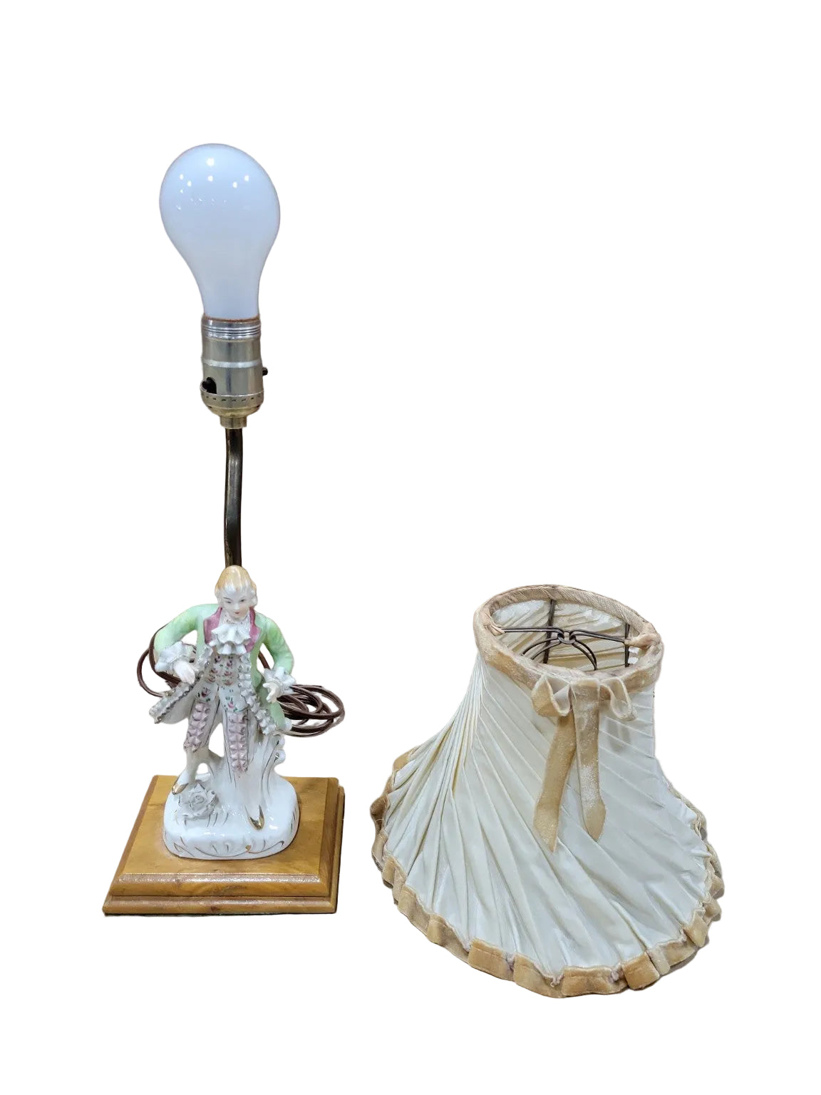 Vintage Porcelain Figural Table Lamp with Pleated Shade