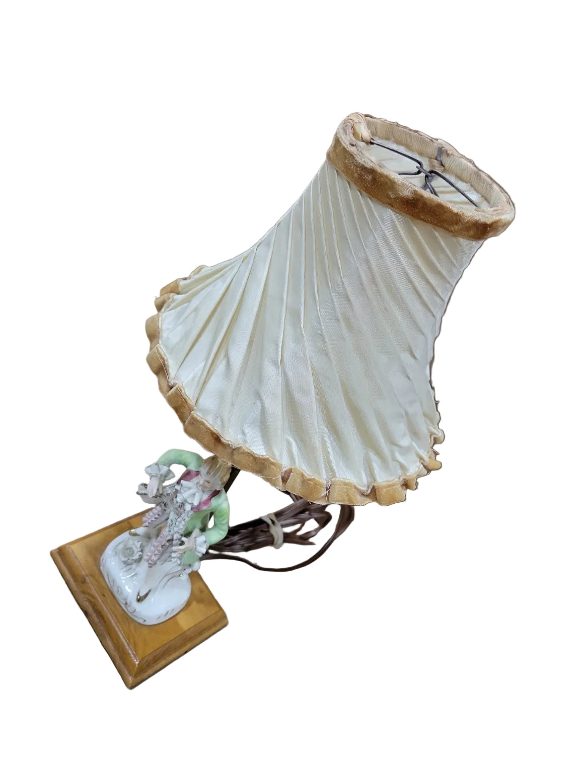 Vintage Porcelain Figural Table Lamp with Pleated Shade