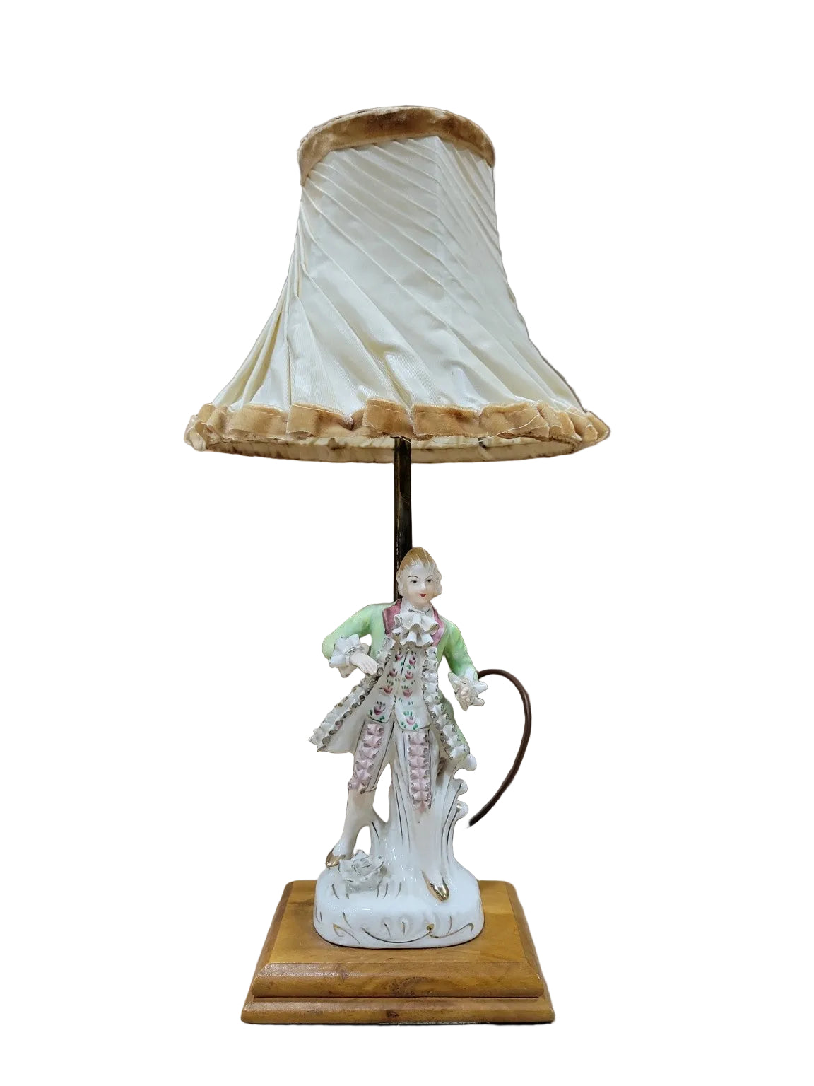 Vintage Porcelain Figural Table Lamp with Pleated Shade