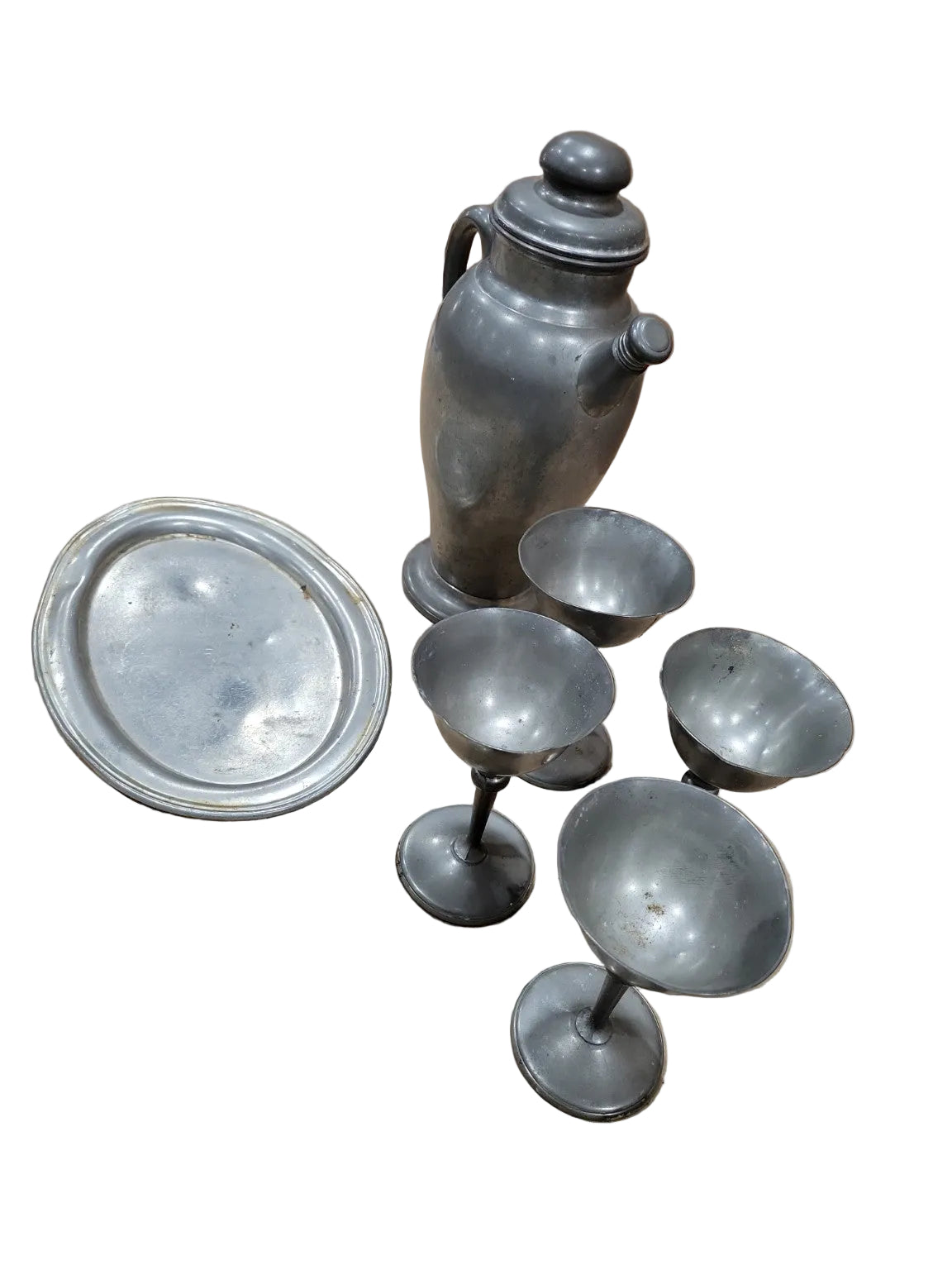 Vintage Genuine Pewter Cocktail Service Set – Pitcher, Tray & 4 Cups