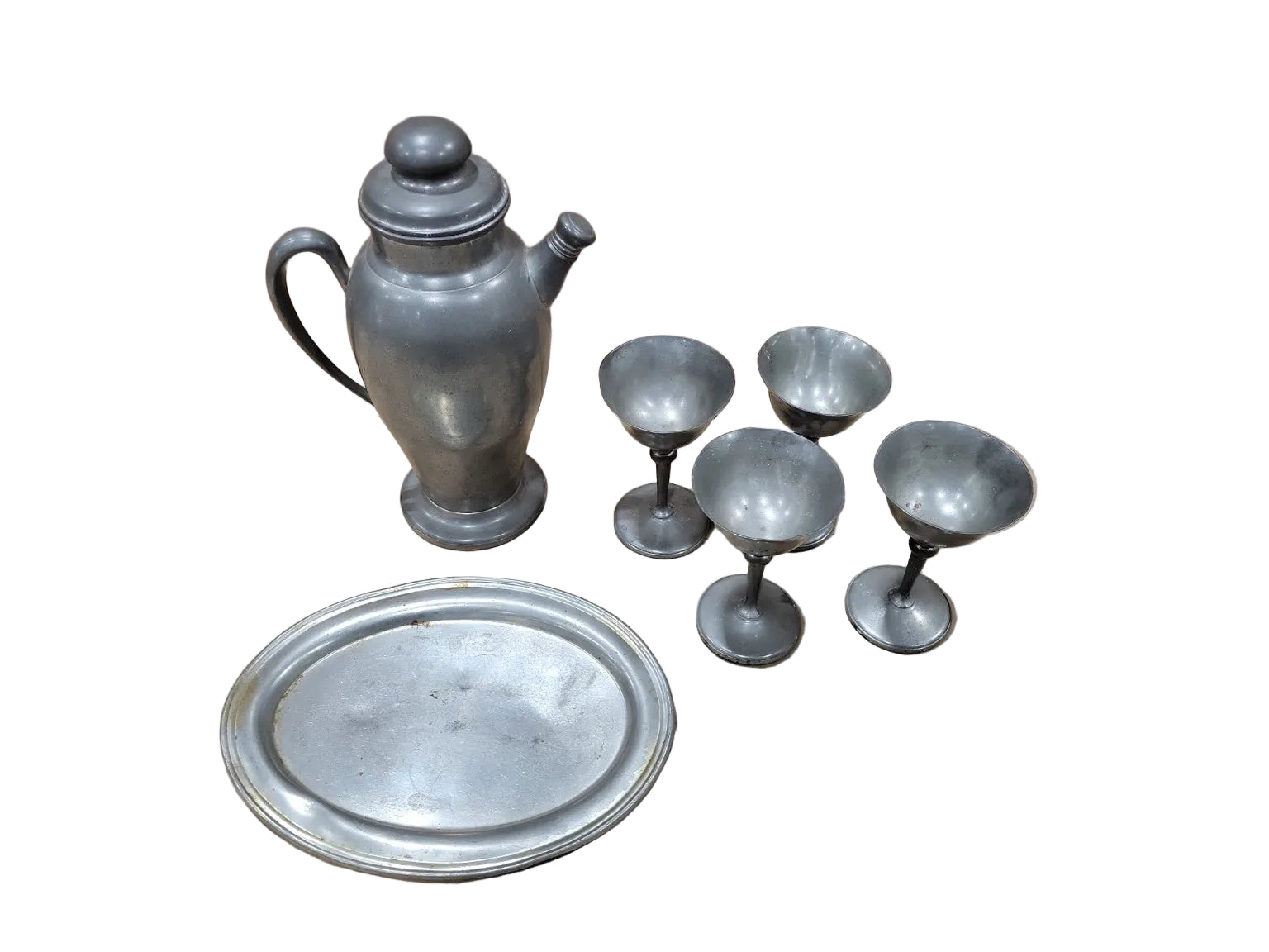 Vintage Genuine Pewter Cocktail Service Set – Pitcher, Tray & 4 Cups