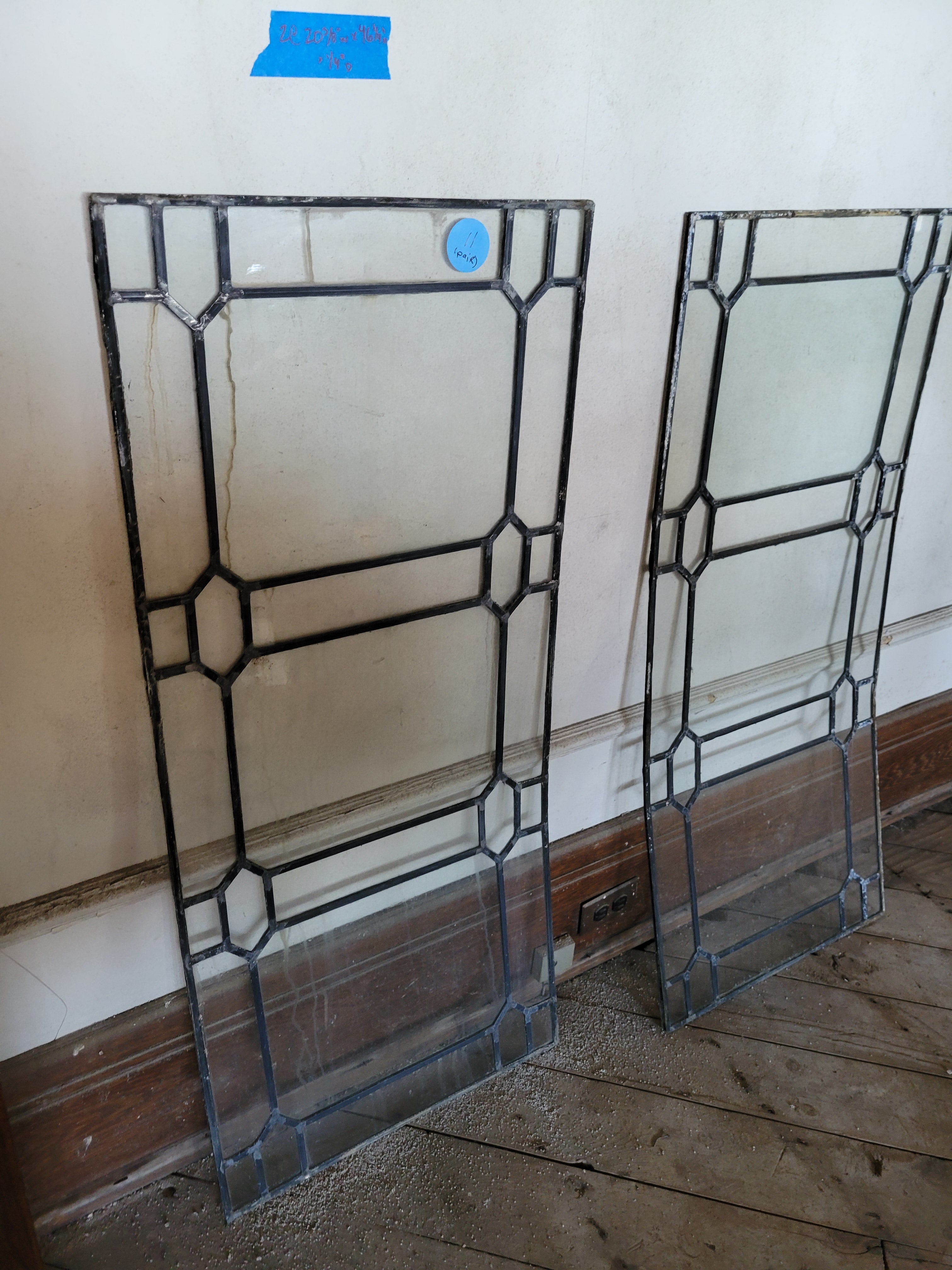 Pair of Geometric Leaded Glass Cabinet Windows