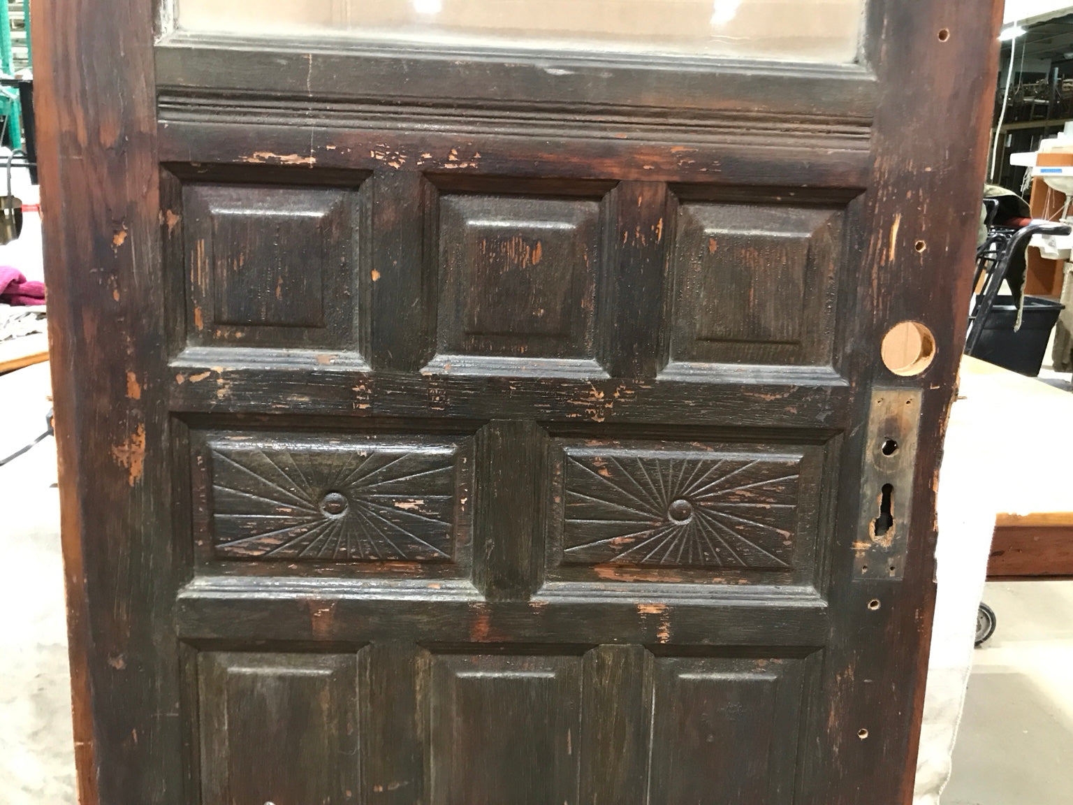 Antique Glazed Entry Door with Carved Panels