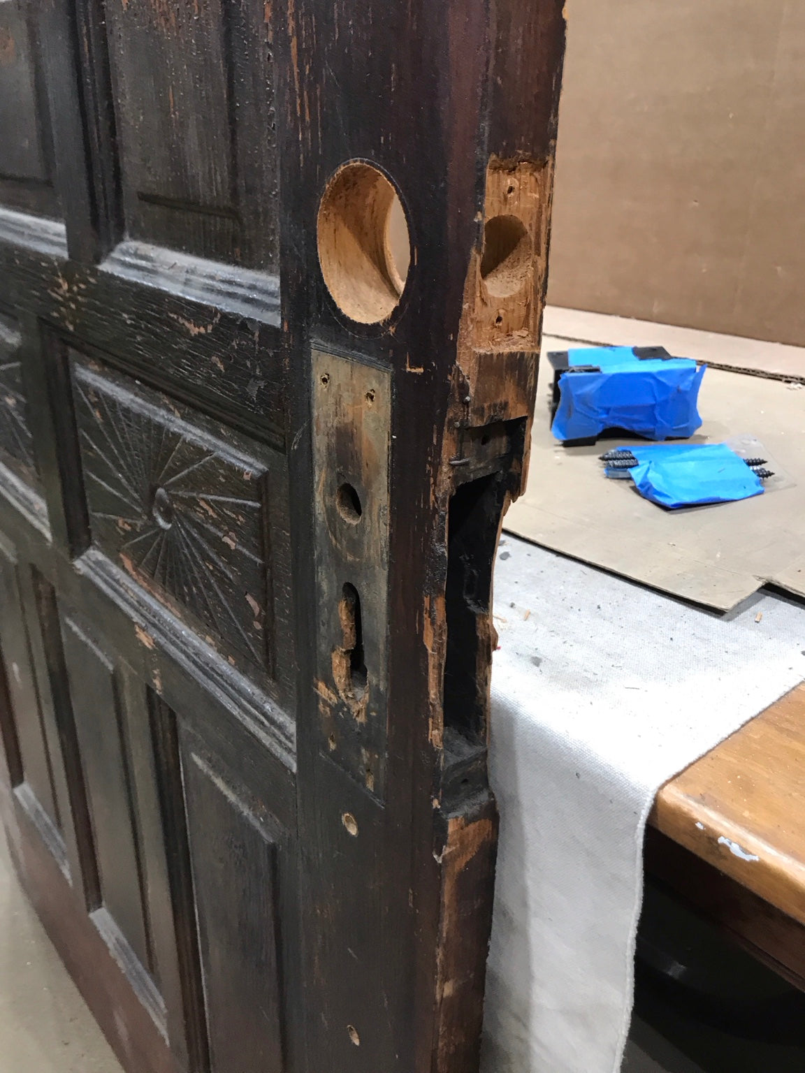 Antique Glazed Entry Door with Carved Panels