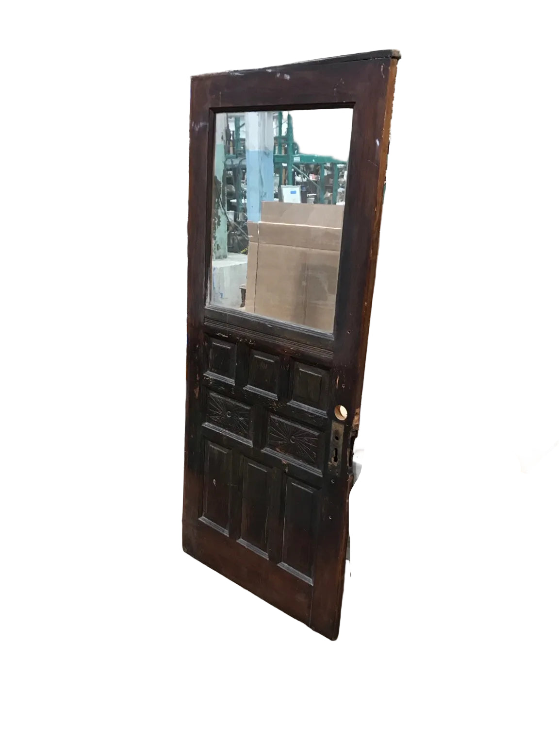 Antique Glazed Entry Door with Carved Panels